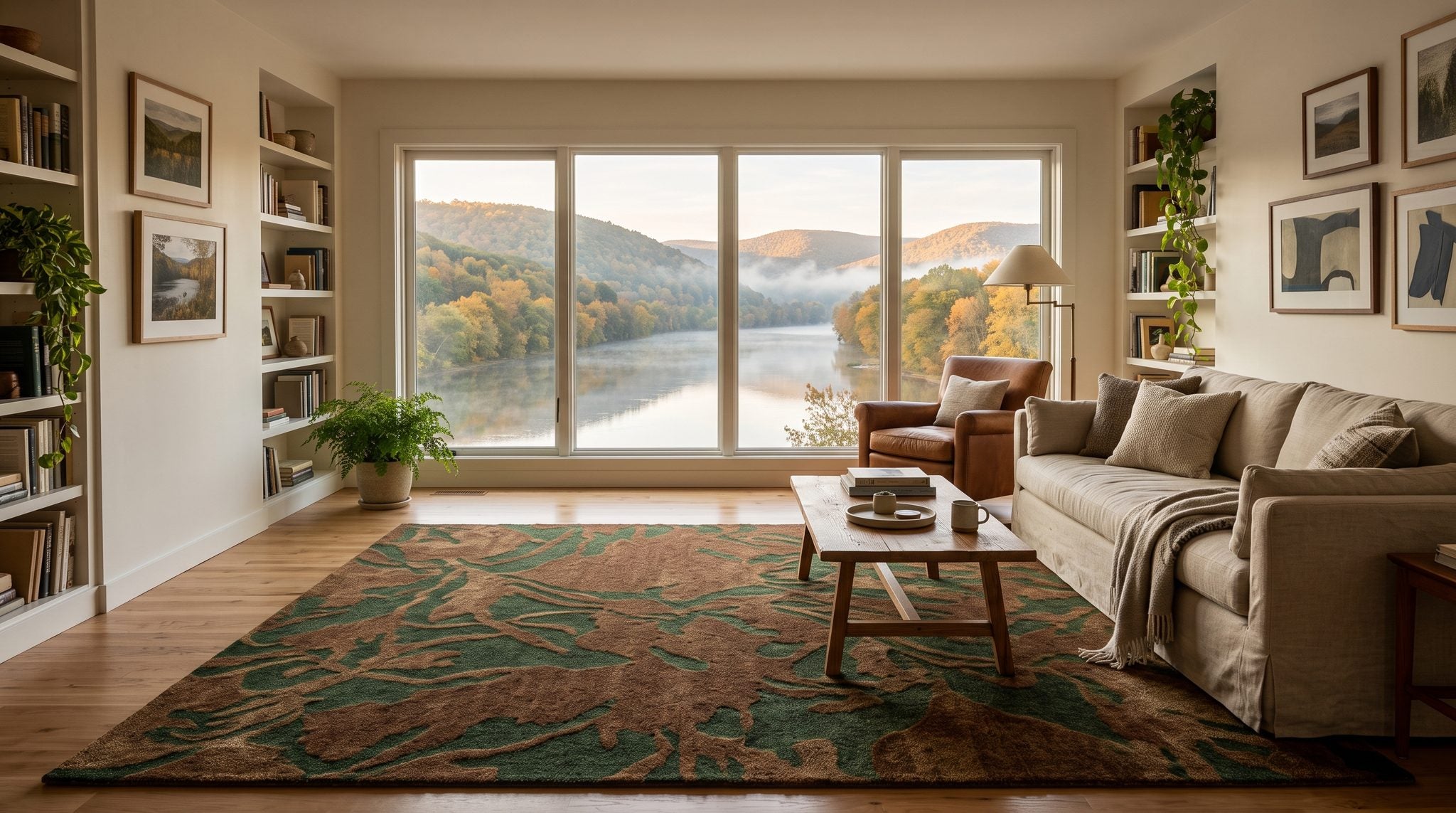 Sunlit living room window overlooking a river valley and forested ridgelines in autumn near Williamsport, Pennsylvania