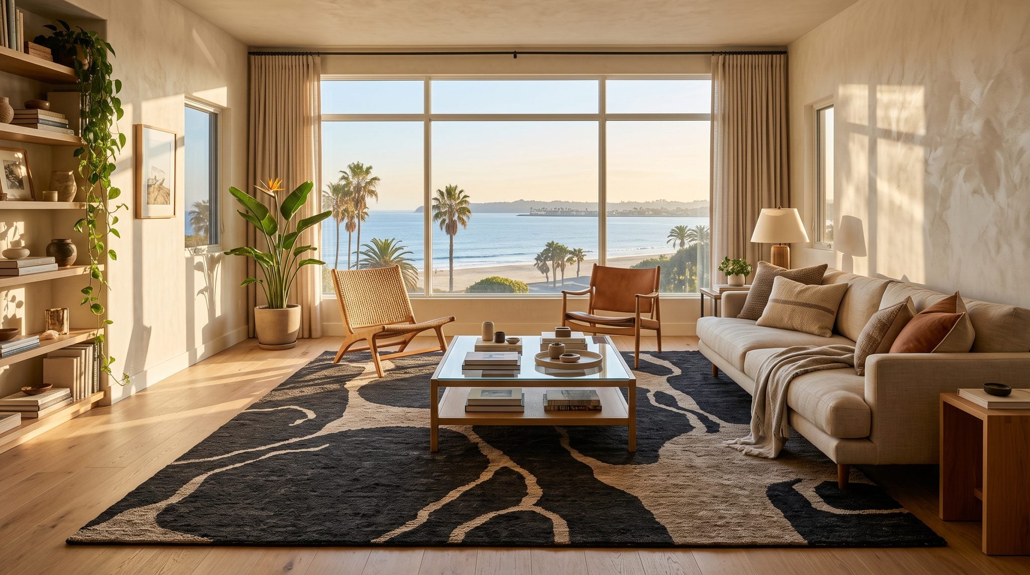 Sunlit window view of the San Diego coast with palm trees, golden beach and blue Pacific water