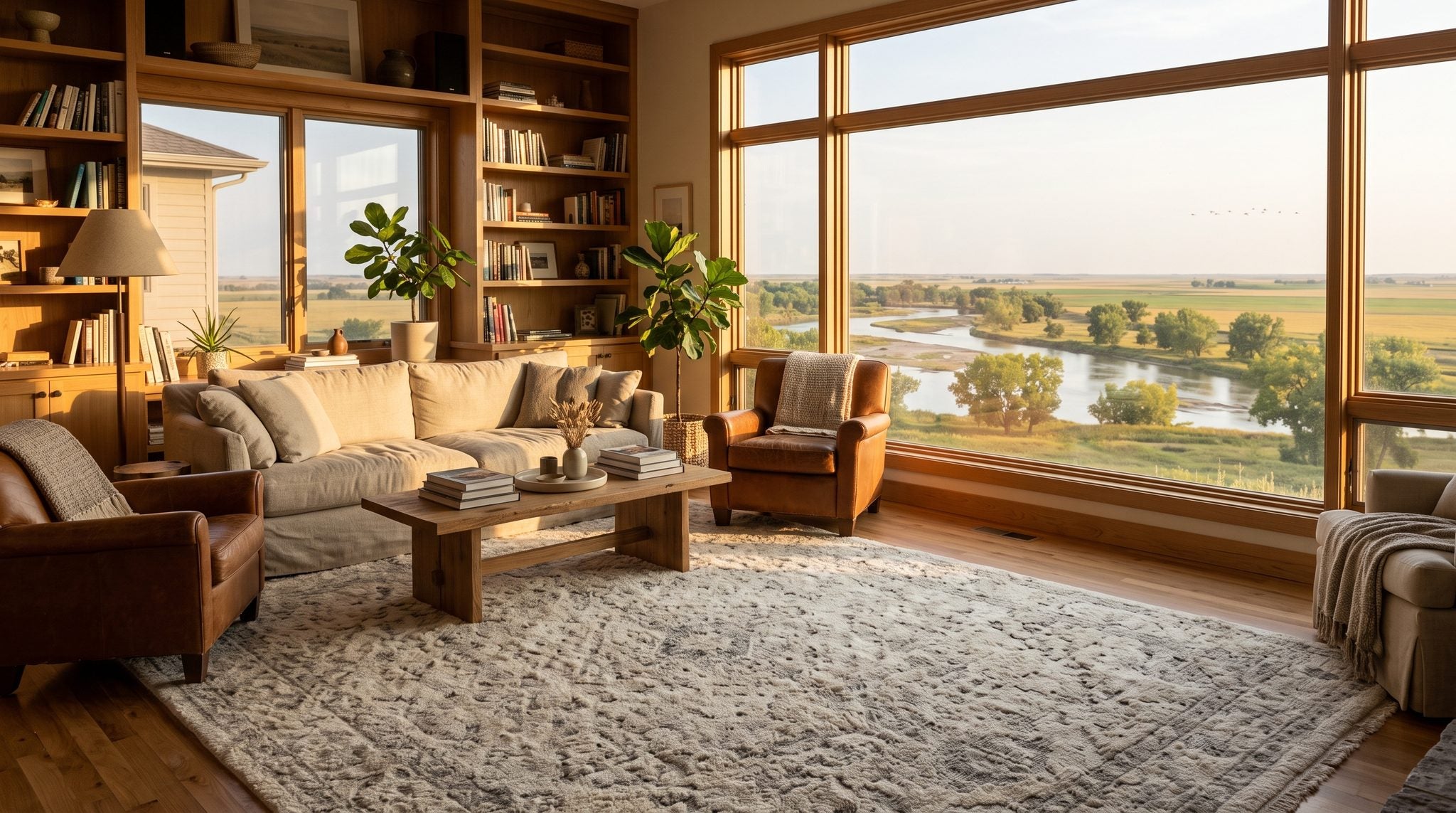 Sunlit living room window overlooking the Platte River valley with cottonwoods, open farmland and cranes in a golden prairie sky