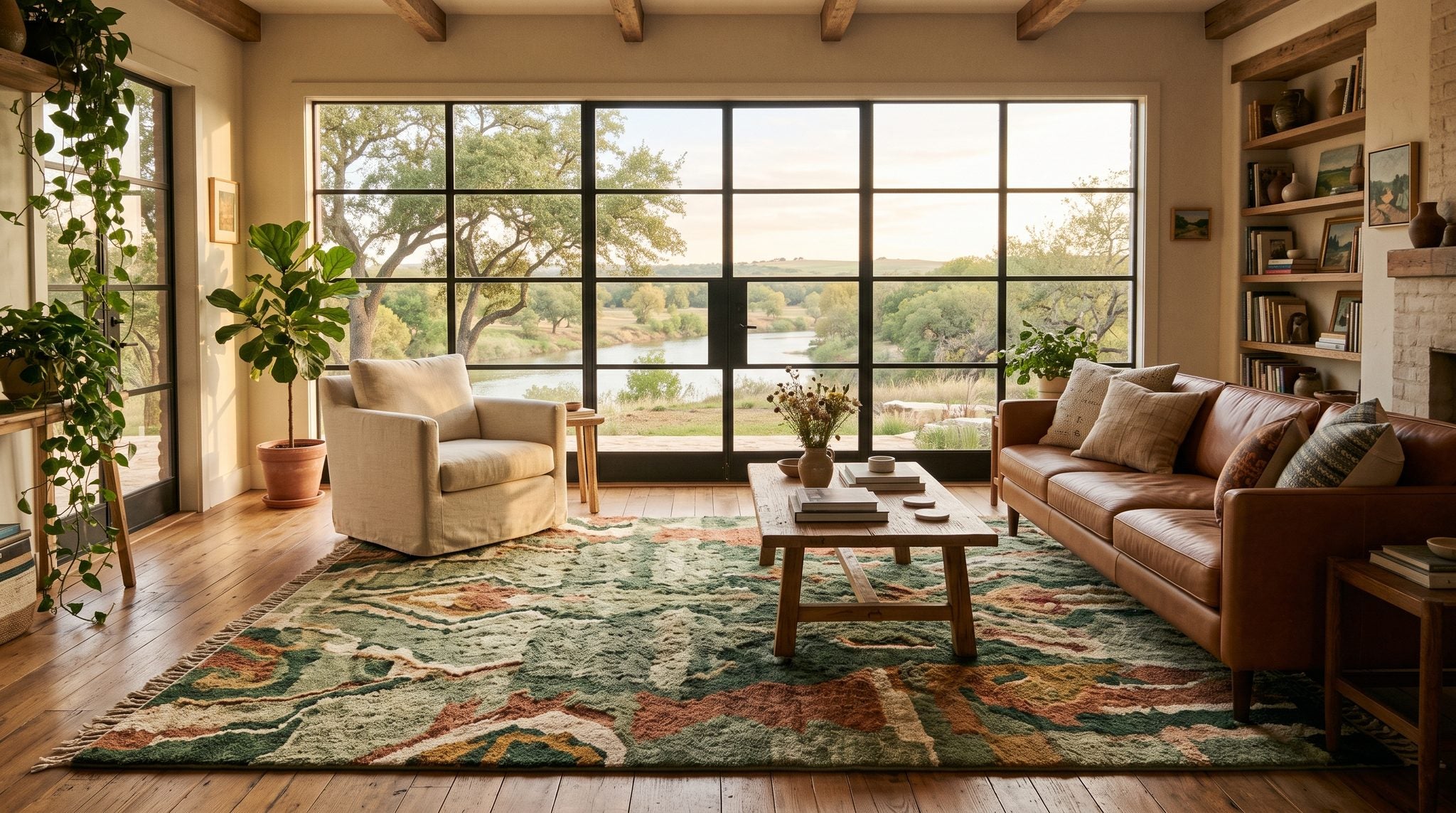 Sunlit room with a window overlooking the Brazos River, live oaks and Central Texas prairie at golden hour