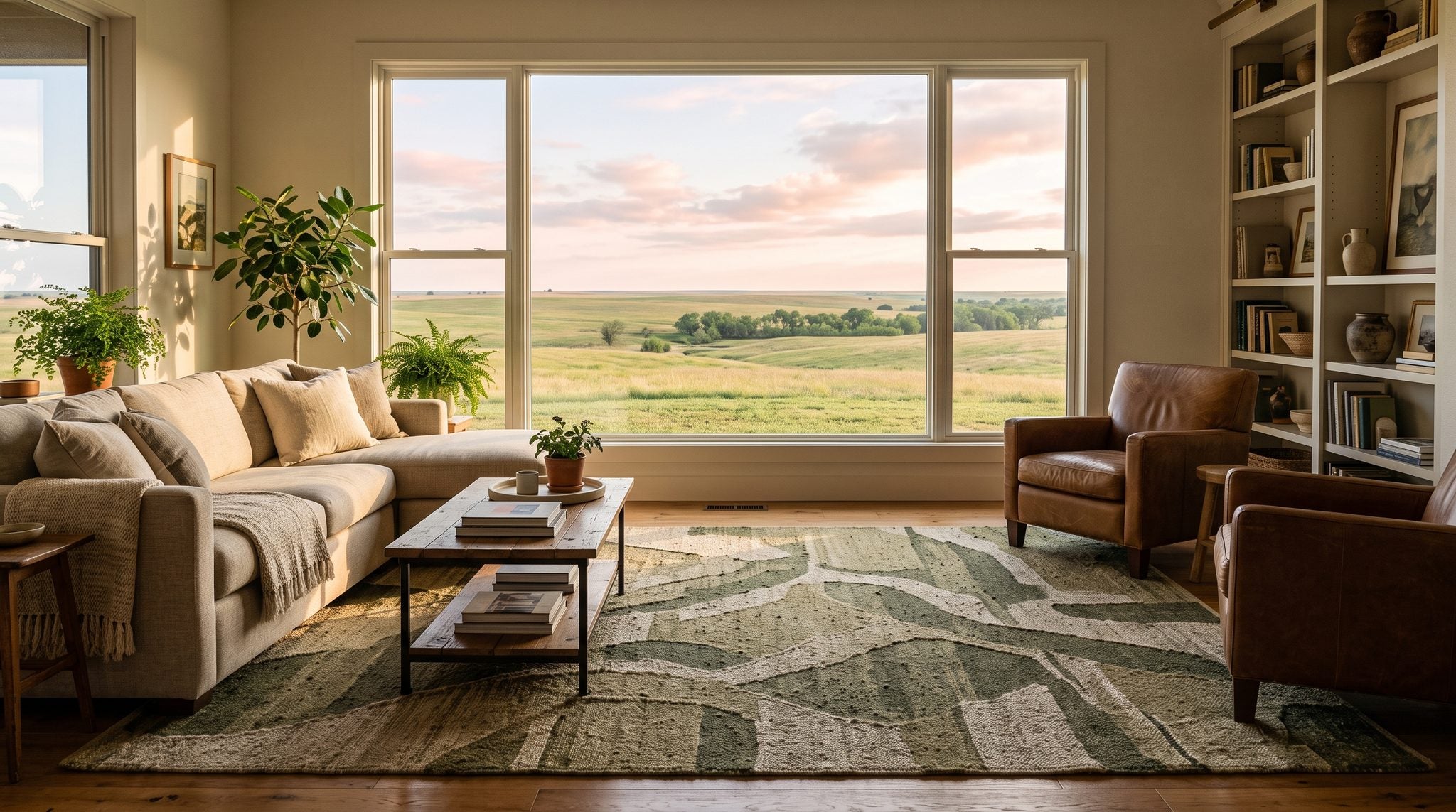 Sunlit living room window looking out over open Oklahoma prairie under a wide, golden morning sky