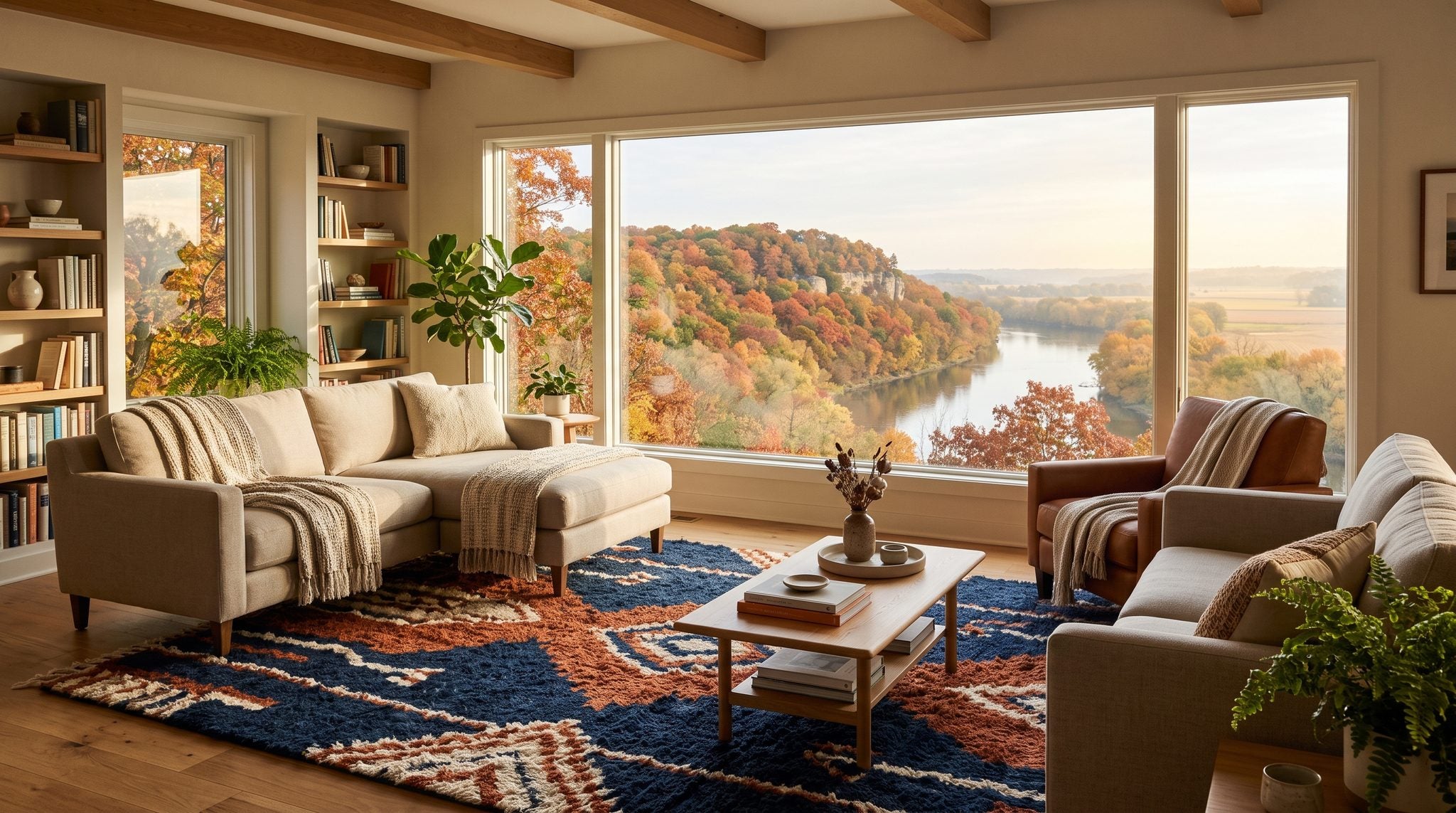 Sunlit living room window overlooking an autumn river valley with sandstone bluffs and golden trees near Ottawa, Illinois