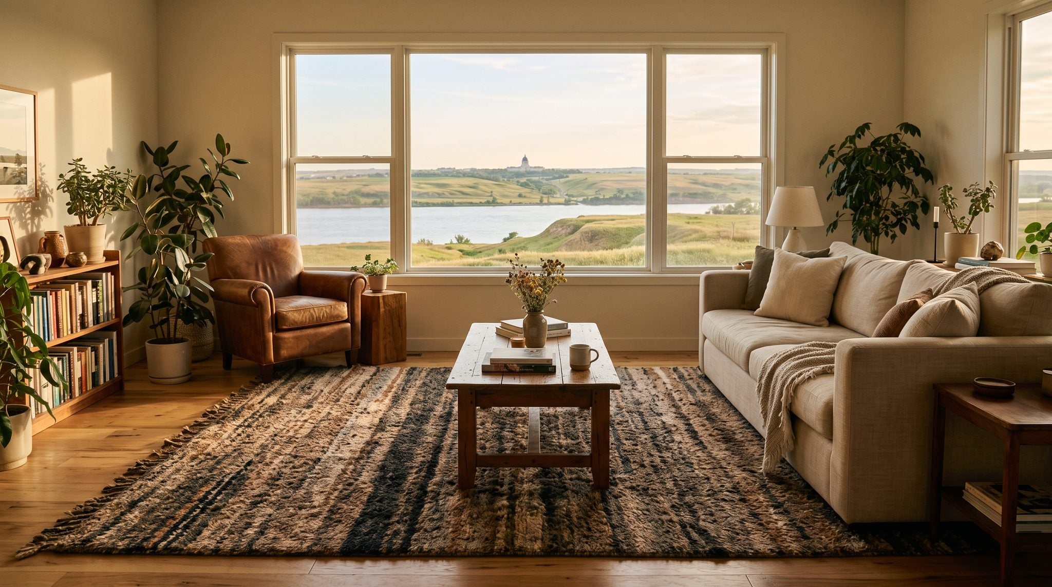 Sunlit living room window overlooking the Missouri River and golden prairie bluffs near Pierre, South Dakota