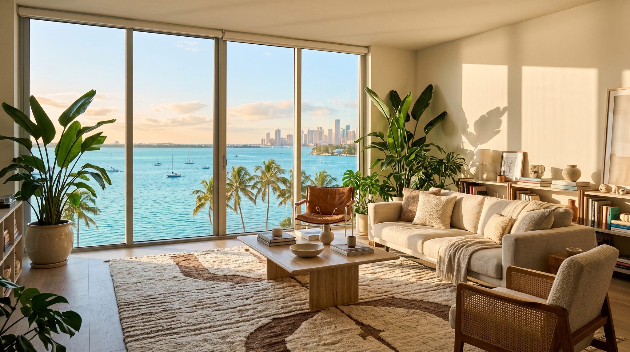 Sunlit living room window overlooking palm trees, turquoise Biscayne Bay and the Miami skyline at golden hour