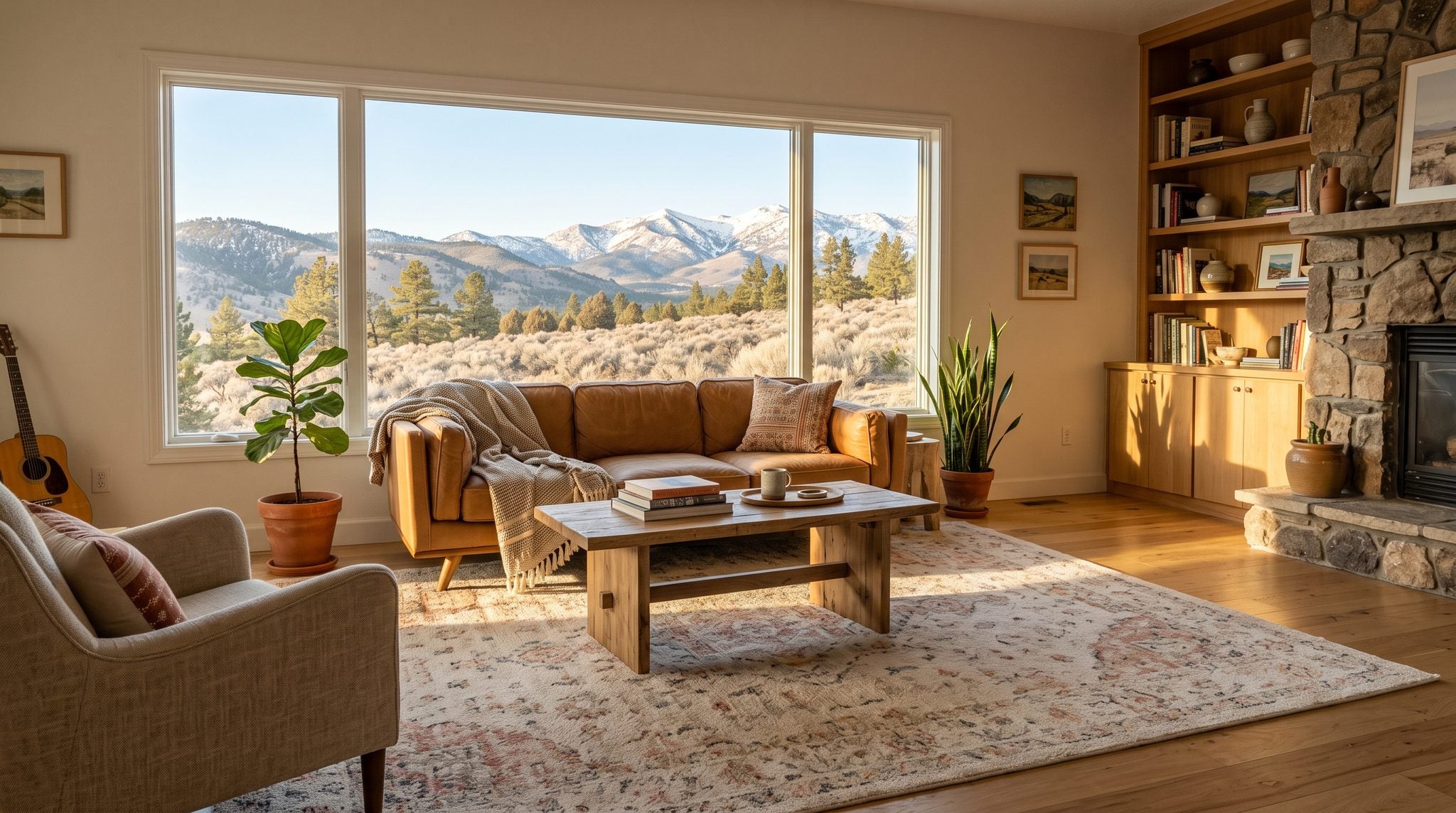 Sunlit living room window overlooking sagebrush hills and the snow-dusted Sierra Nevada near Carson City, Nevada