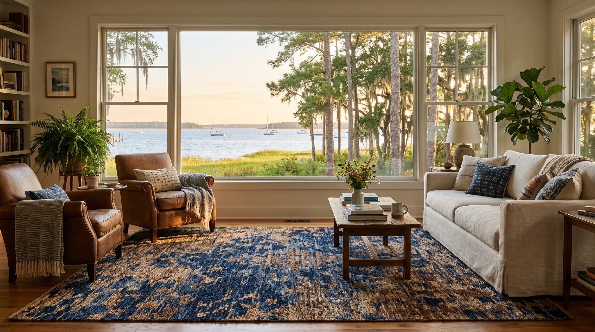 Sunlit room with a window overlooking a calm river, sailboats, marsh grass and pines at golden hour in coastal North Carolina