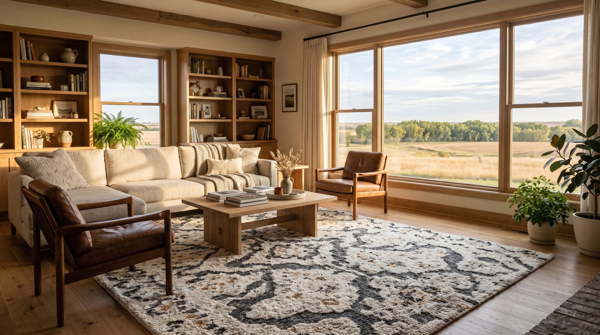 Sunlit living room window overlooking golden Nebraska farm fields and cottonwoods near the Platte River