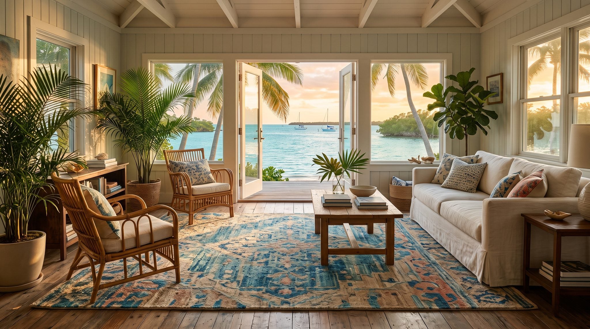 Sunlit room with a window looking out on turquoise Florida Keys water, palm trees and a golden sunset.