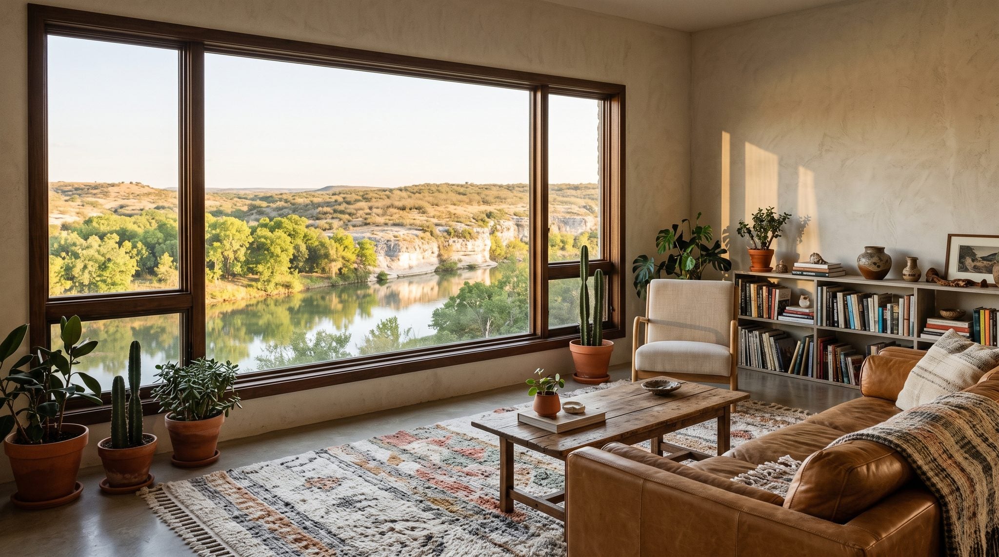 Sunlit living room window overlooking green riverbank trees, limestone bluffs and golden hills near Del Rio, Texas