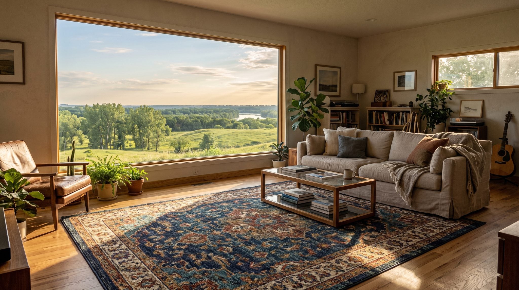 Sunlit living room window overlooking rolling Kansas prairie and river valley trees under a golden evening sky