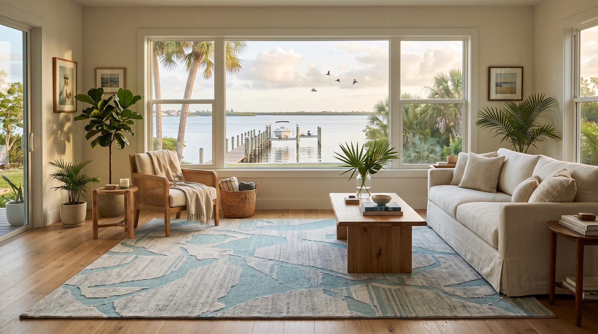 Sunlit room with a window overlooking Charlotte Harbor, palms, and boats at a dock in Punta Gorda, Florida