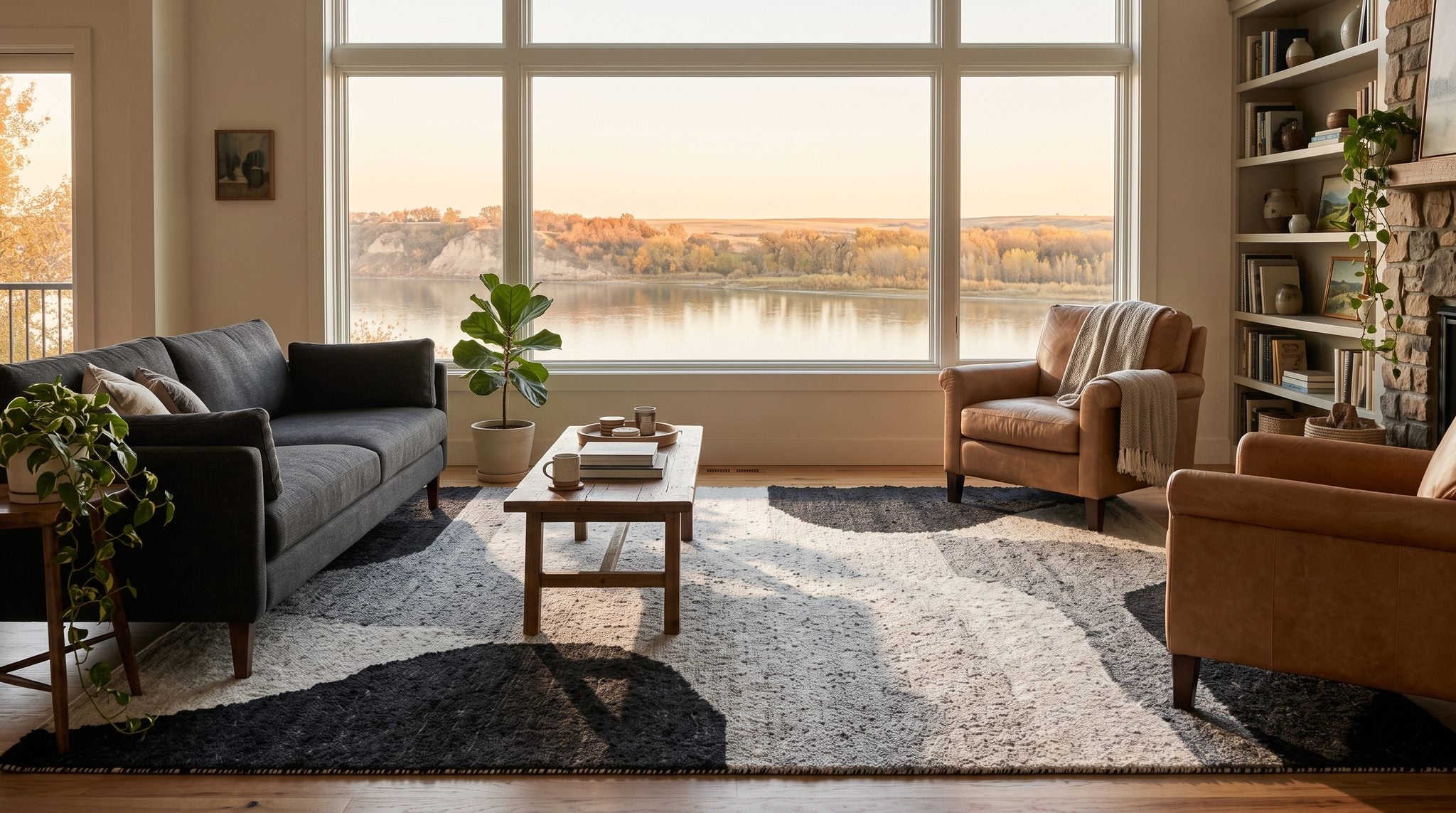 Sunlit living room window overlooking the Missouri River and bluffs near Yankton at sunrise