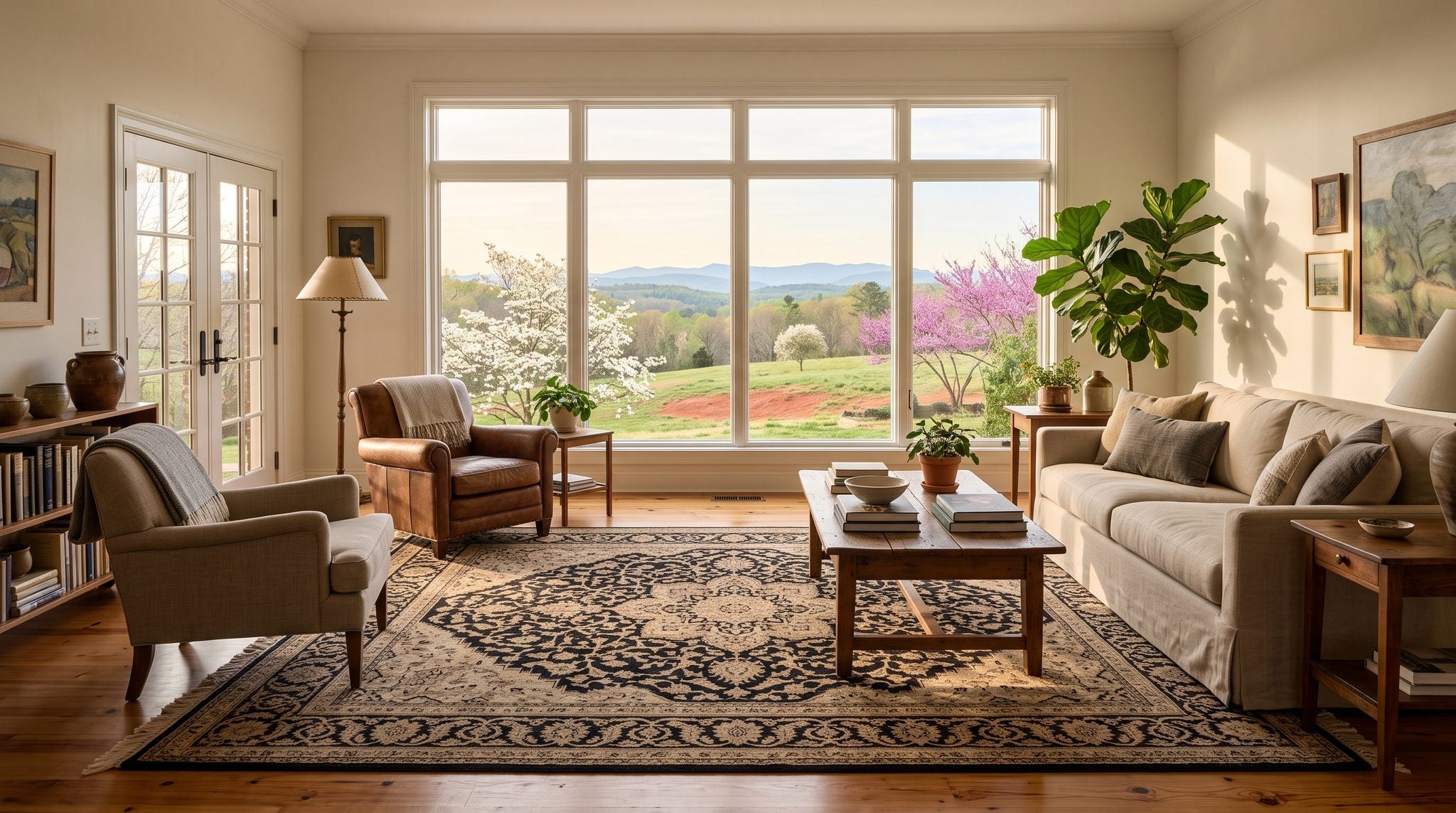 Sunlit living room window overlooking green rolling foothills and blooming trees in the South Carolina Upstate