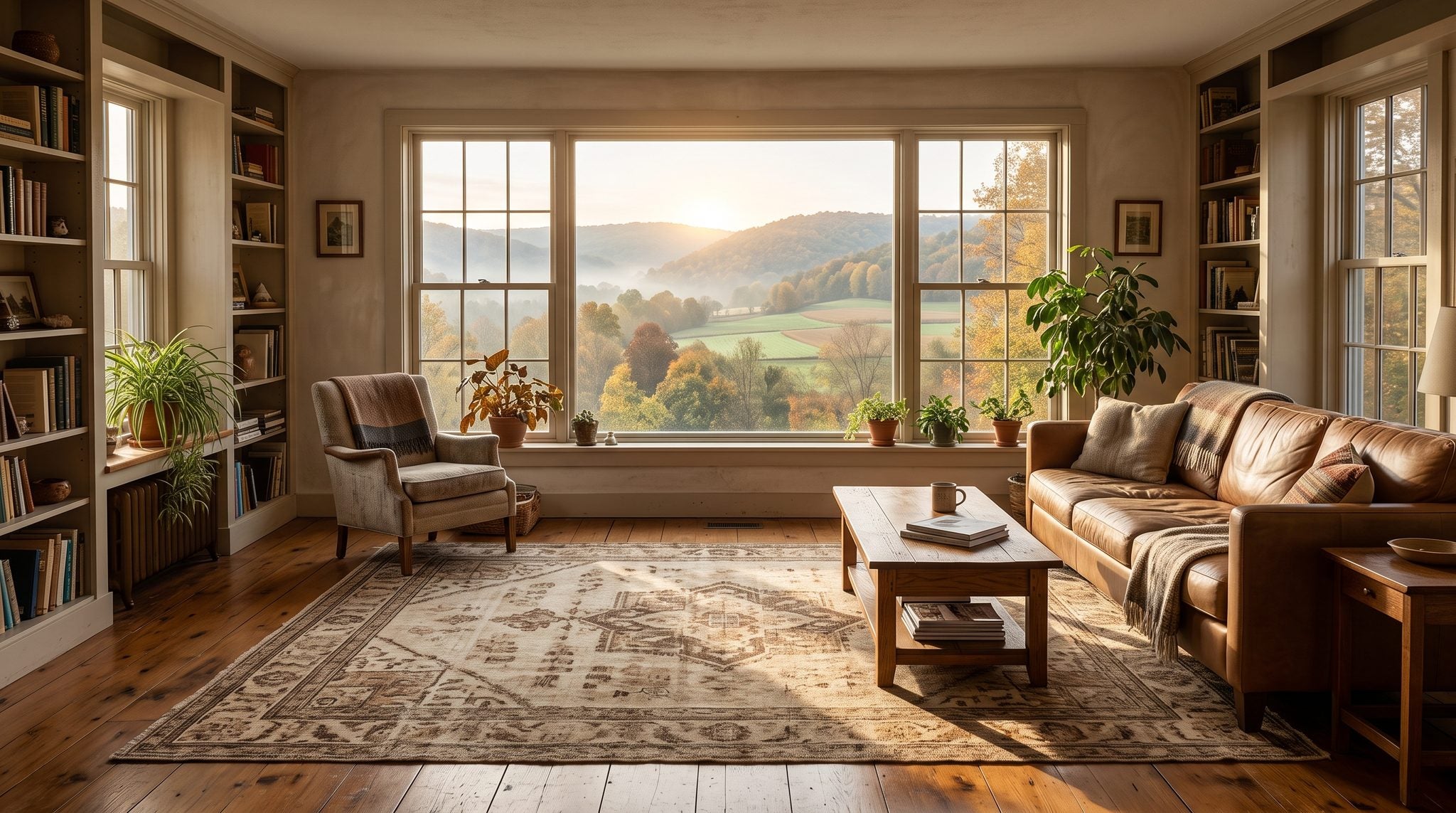 Sunlit window view of misty rolling autumn hills and farm fields in the Coshocton, Ohio countryside