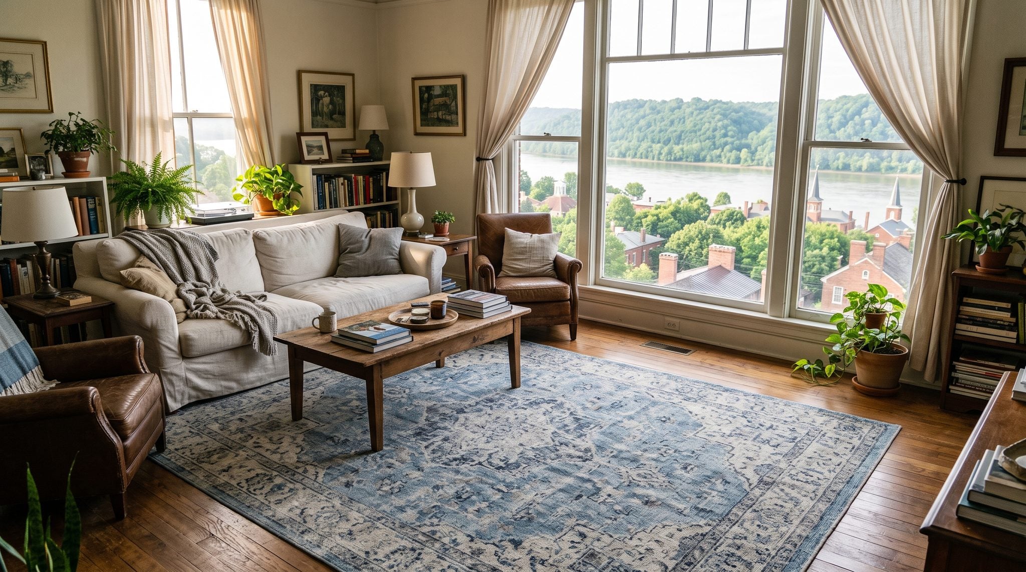 Sunlit room with a window view of the Ohio River and wooded hills near Madison, Indiana