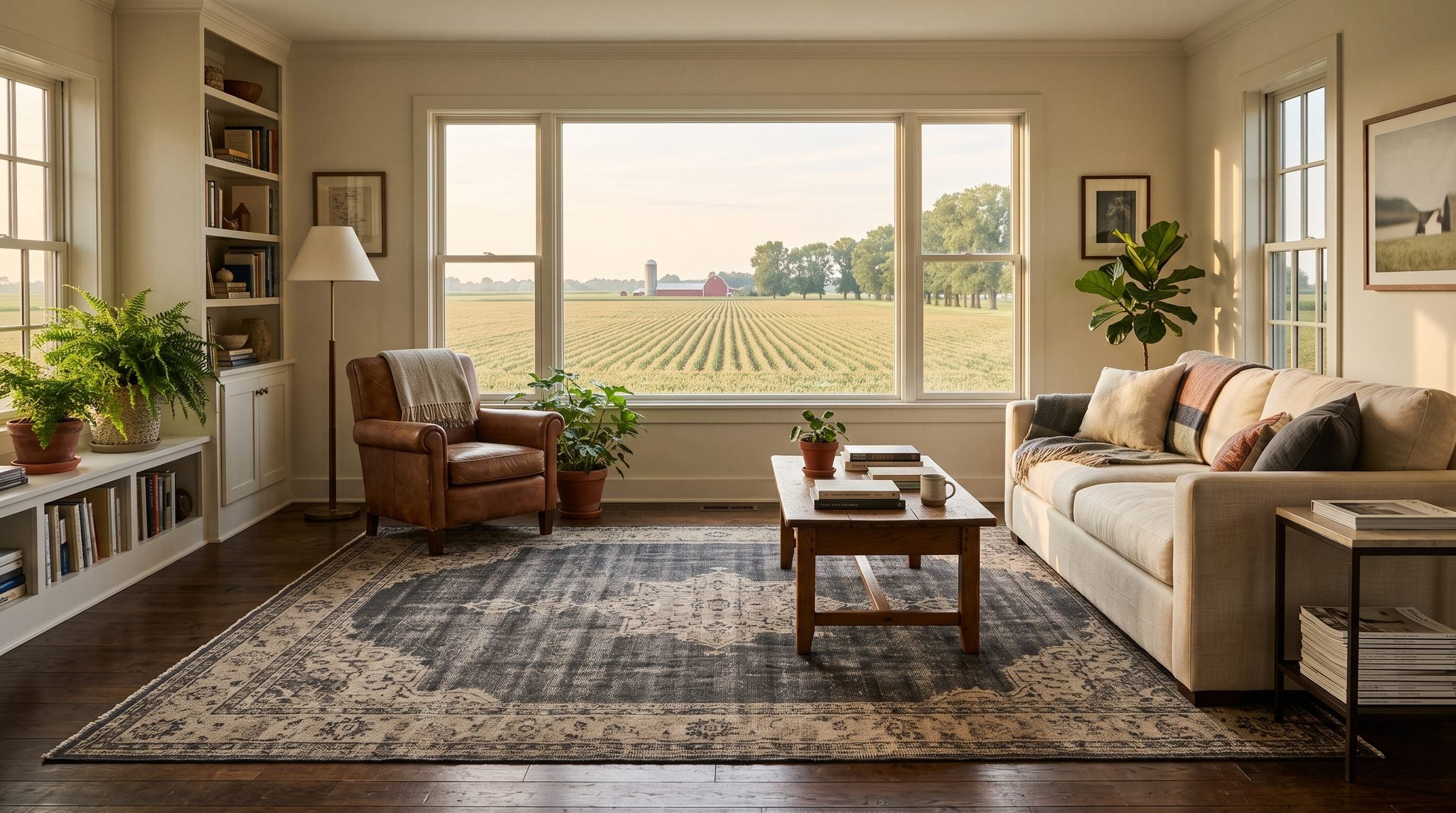 Sunlit living room window looking out over golden western Ohio farm fields, a red barn and a wide morning sky
