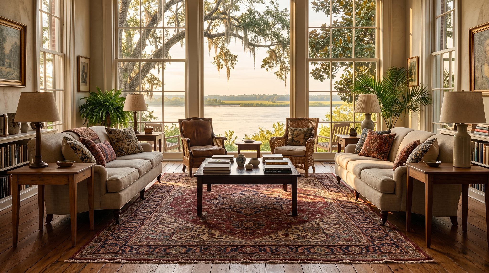Sunlit window view of the Mississippi River from a Natchez bluff, framed by live oak and magnolia branches at golden hour