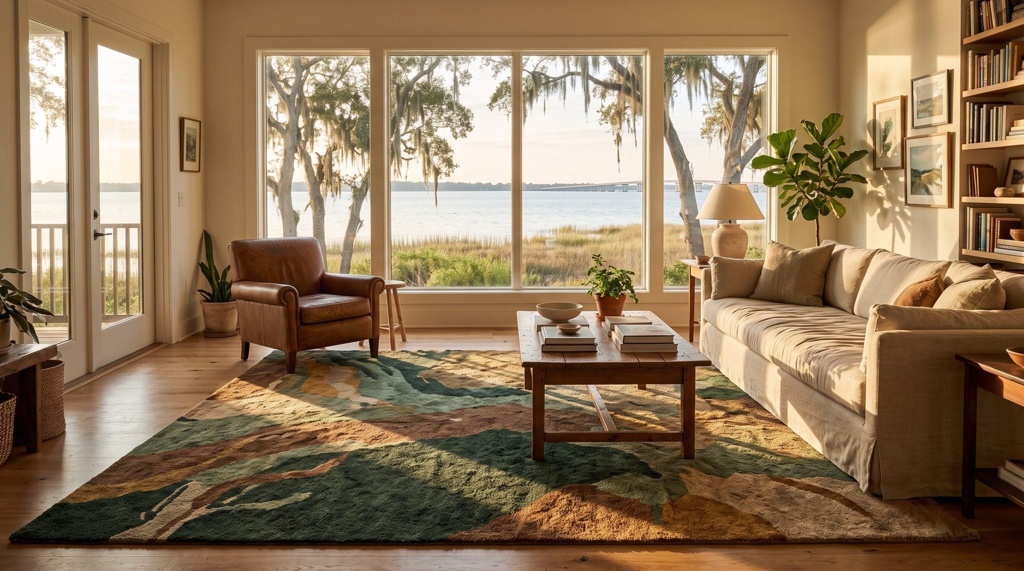 Sunlit room with a window overlooking the St. Johns River, live oaks and a warm golden sky in Jacksonville