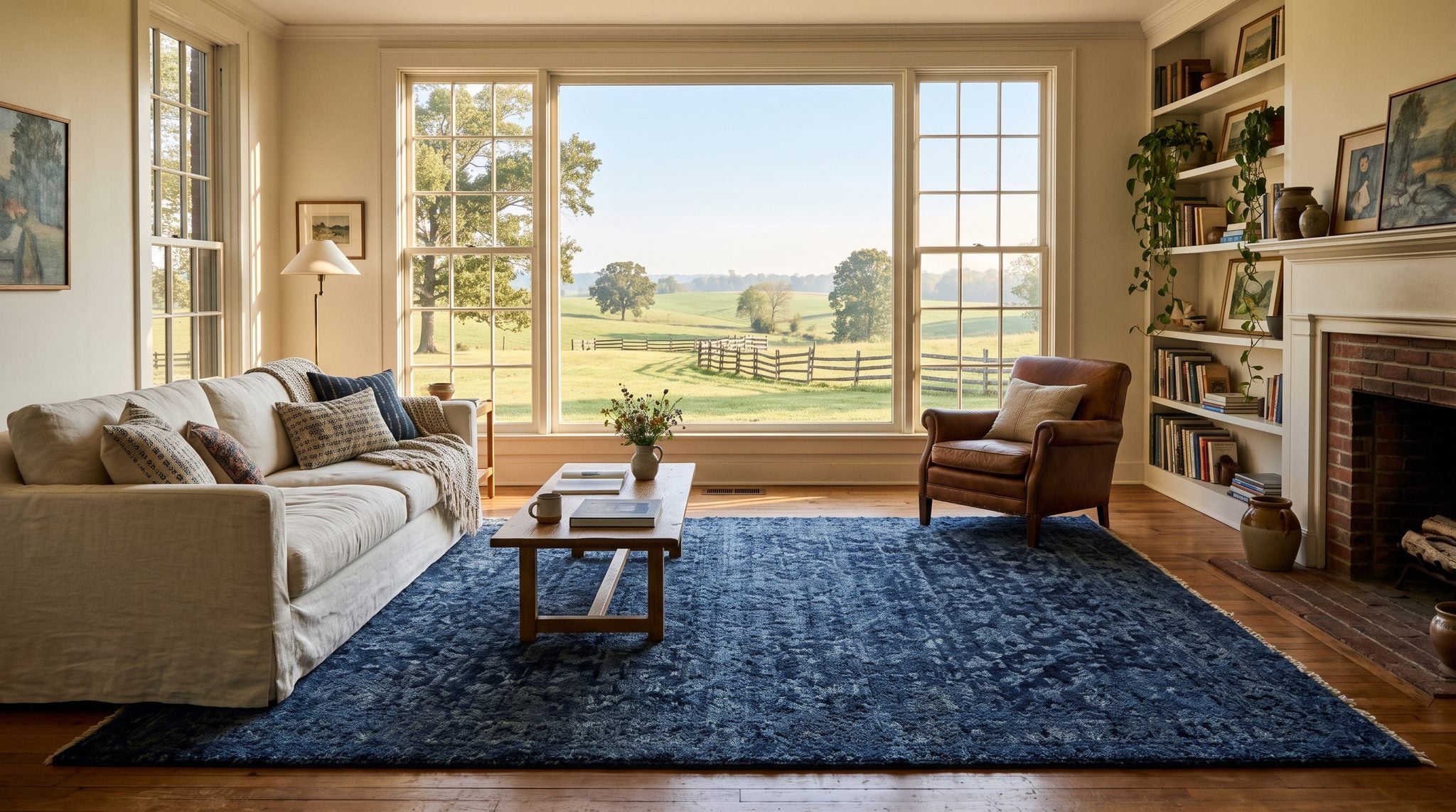 Sunlit window view of rolling West Tennessee farmland under a clear blue sky in soft morning light