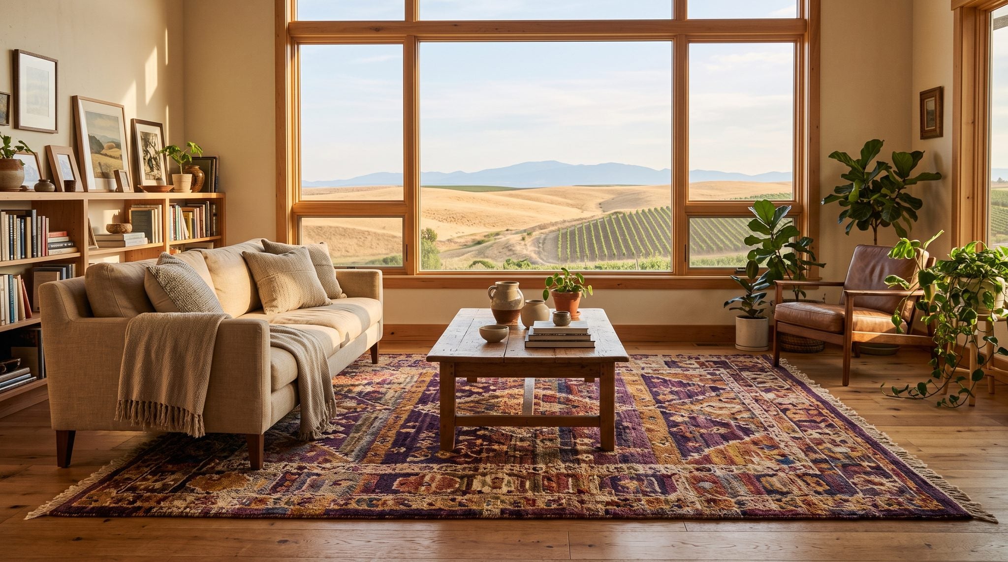 Sunlit window view of Walla Walla wheat hills and vineyards with the Blue Mountains in the distance