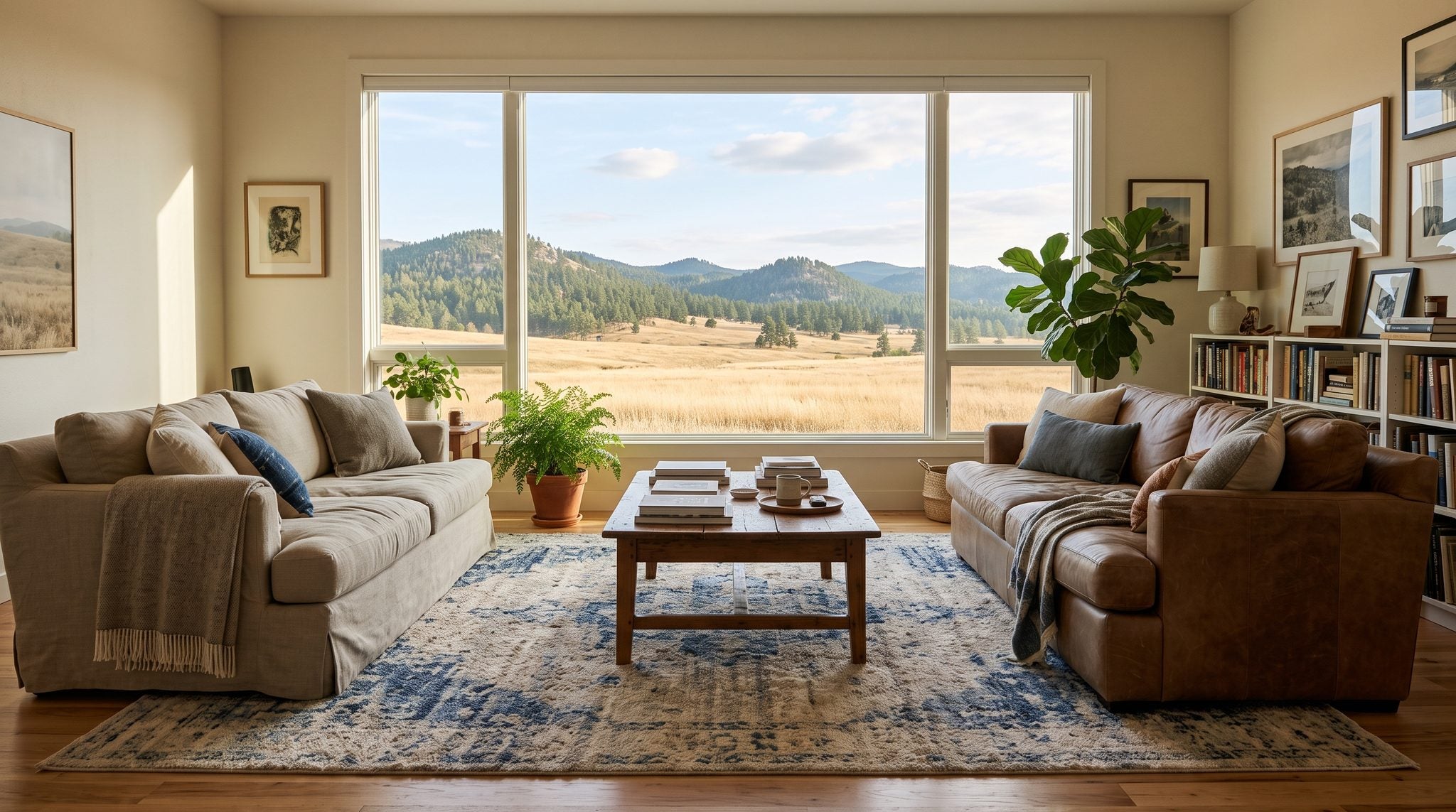 Sunlit window view of pine-covered Black Hills and golden prairie near Rapid City, South Dakota