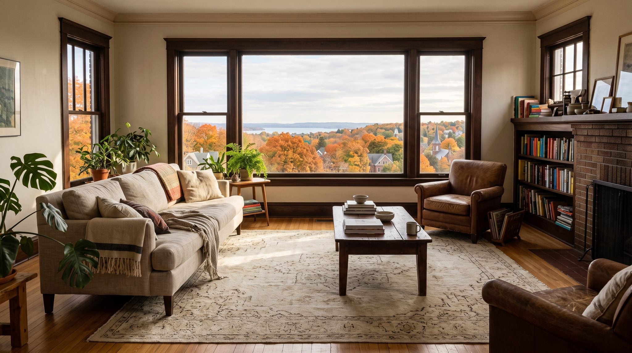 Sunlit living room window overlooking autumn maples and rolling hills near Syracuse, New York