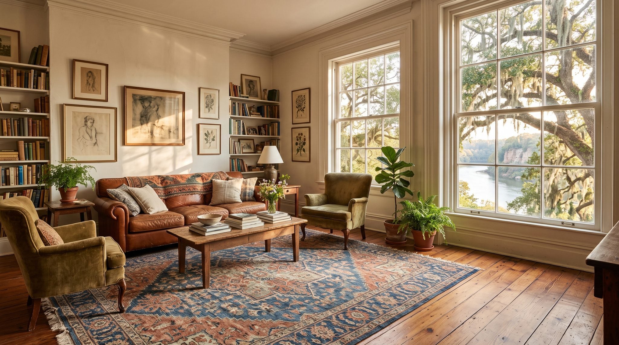 Sunlit window view of the Alabama River and live oaks near Selma, Alabama in golden evening light