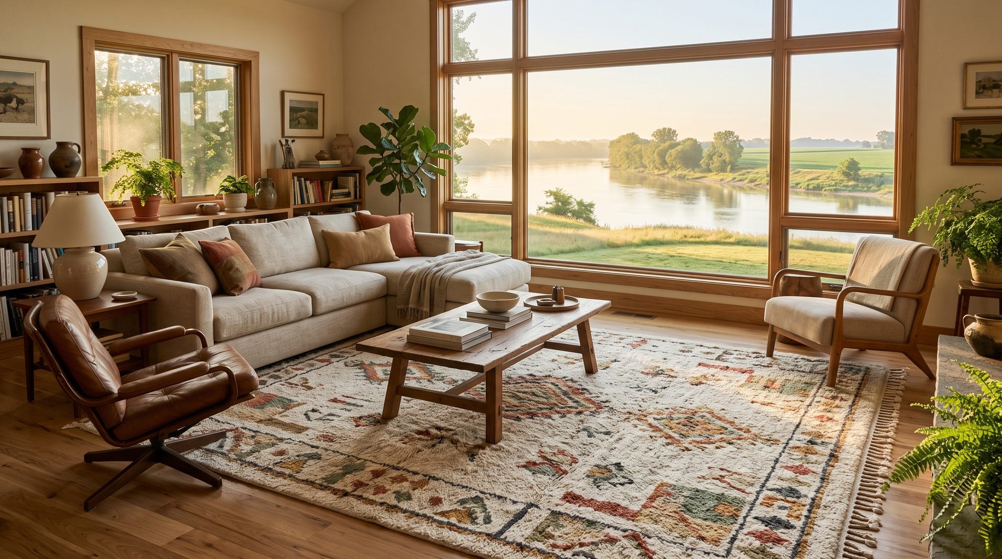 Sunlit living room with a large window looking out on a calm river and green Indiana countryside in soft morning light