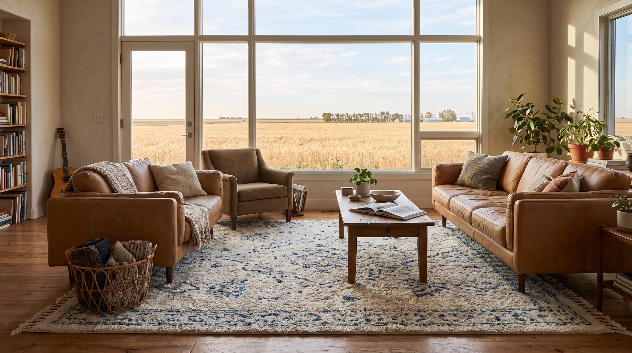 Sunlit window view of golden wheat fields and wide blue sky on the Kansas High Plains near Garden City