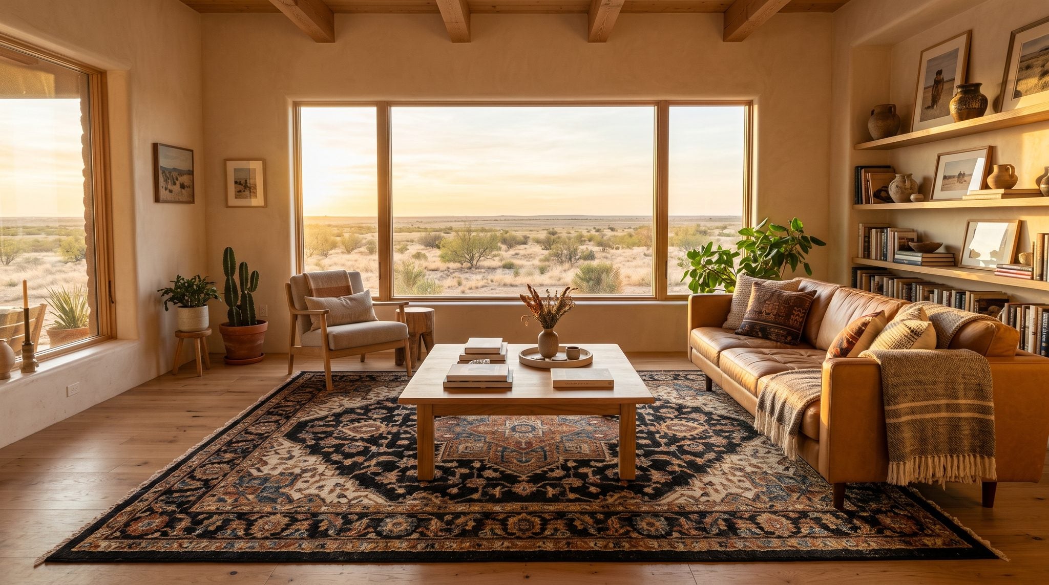 Sunlit living room window overlooking the open plains and golden big sky of West Texas near Odessa