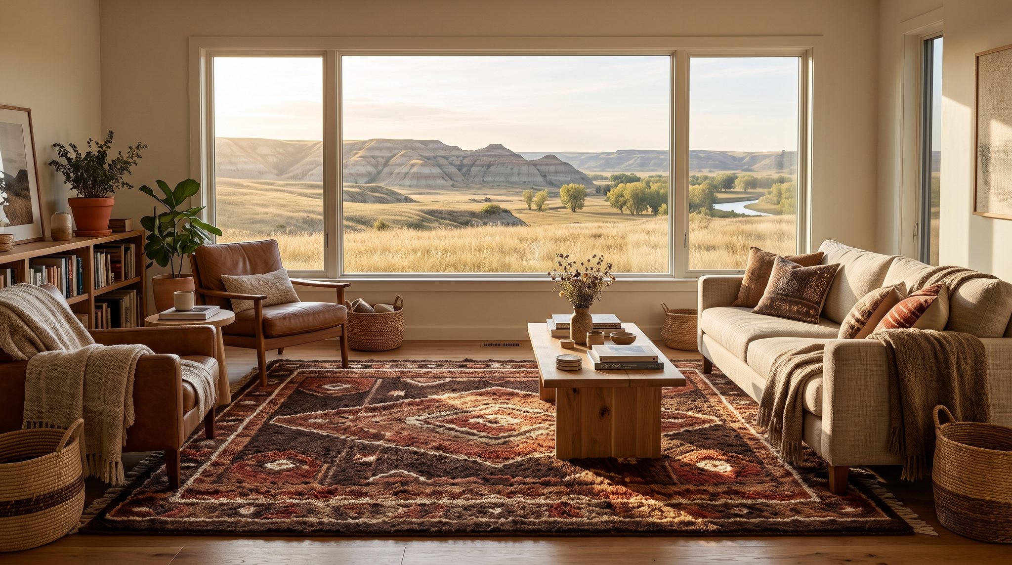 Sunlit living room window overlooking golden prairie and Badlands buttes in western North Dakota