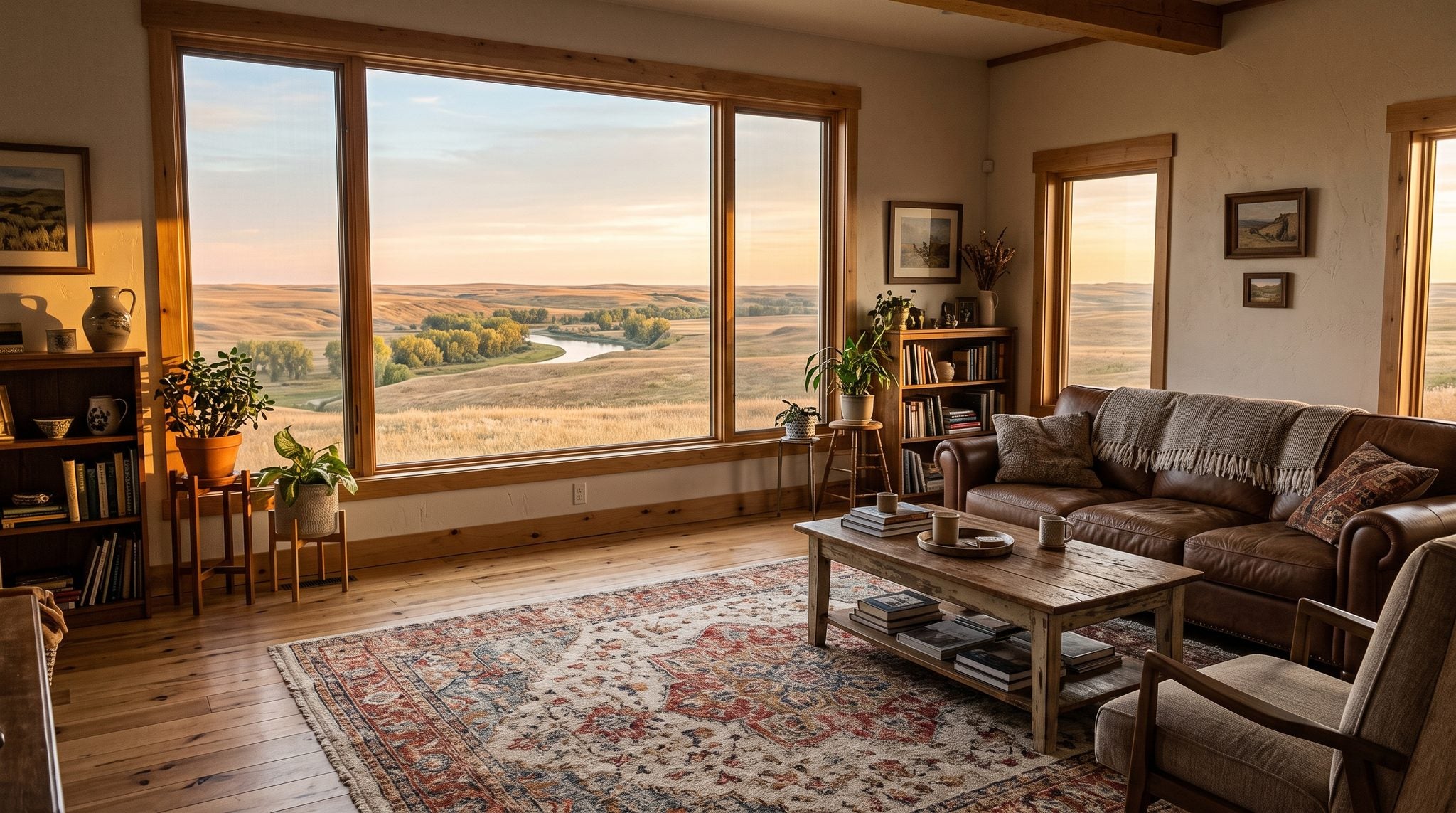 Sunlit living room window overlooking golden North Dakota prairie and a wide sunset sky near Williston