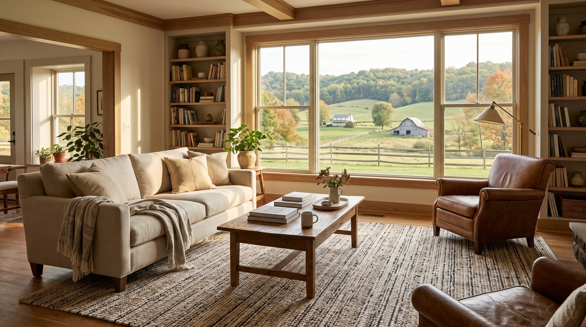 Sunlit living room window overlooking rolling green Kentucky hills, pastures and a distant barn