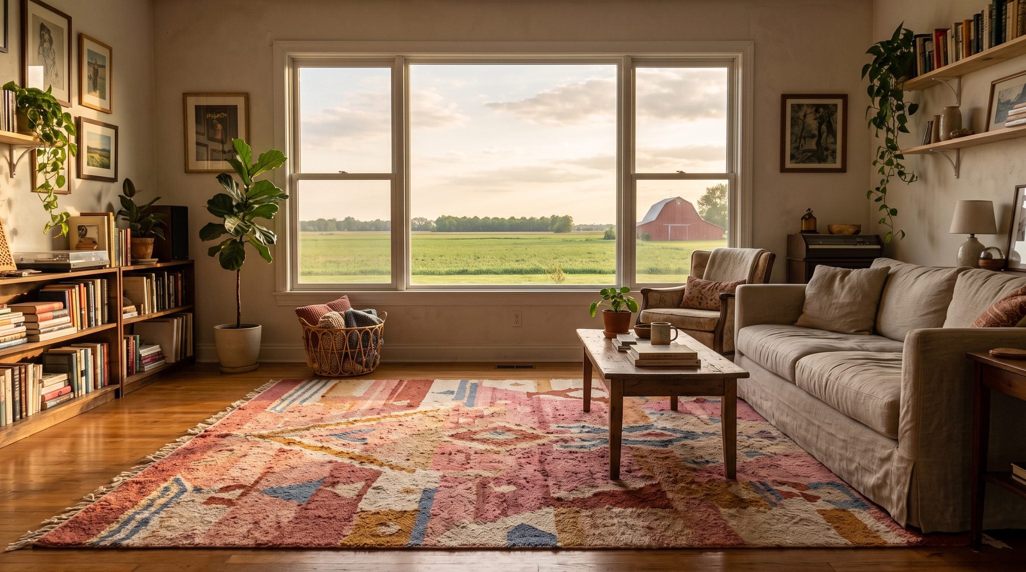 Sunlit living room window overlooking golden southern Illinois farm fields and a big heartland sky near Mount Vernon