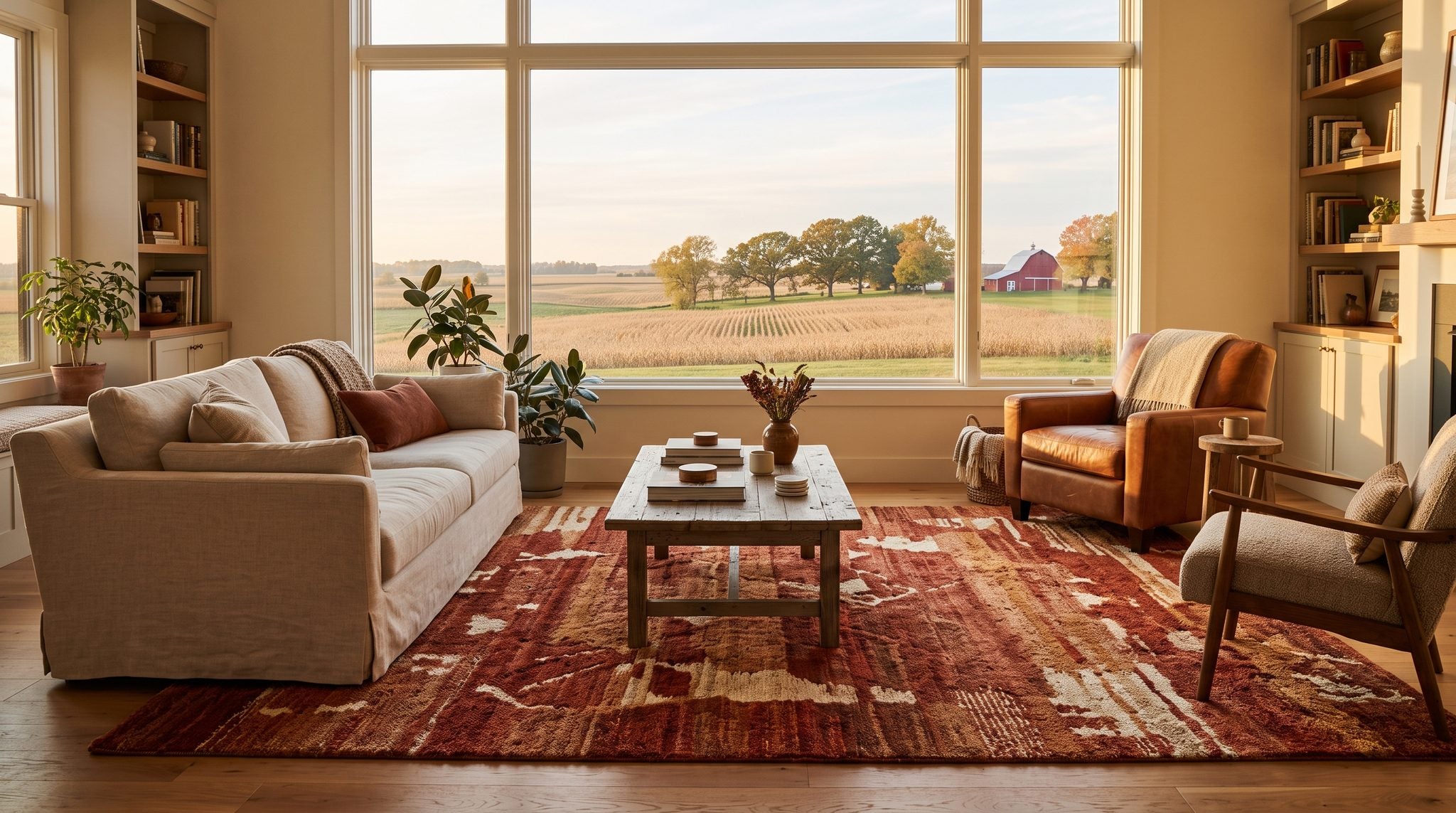 Sunlit living room window overlooking golden Illinois prairie farmland and trees near Jacksonville