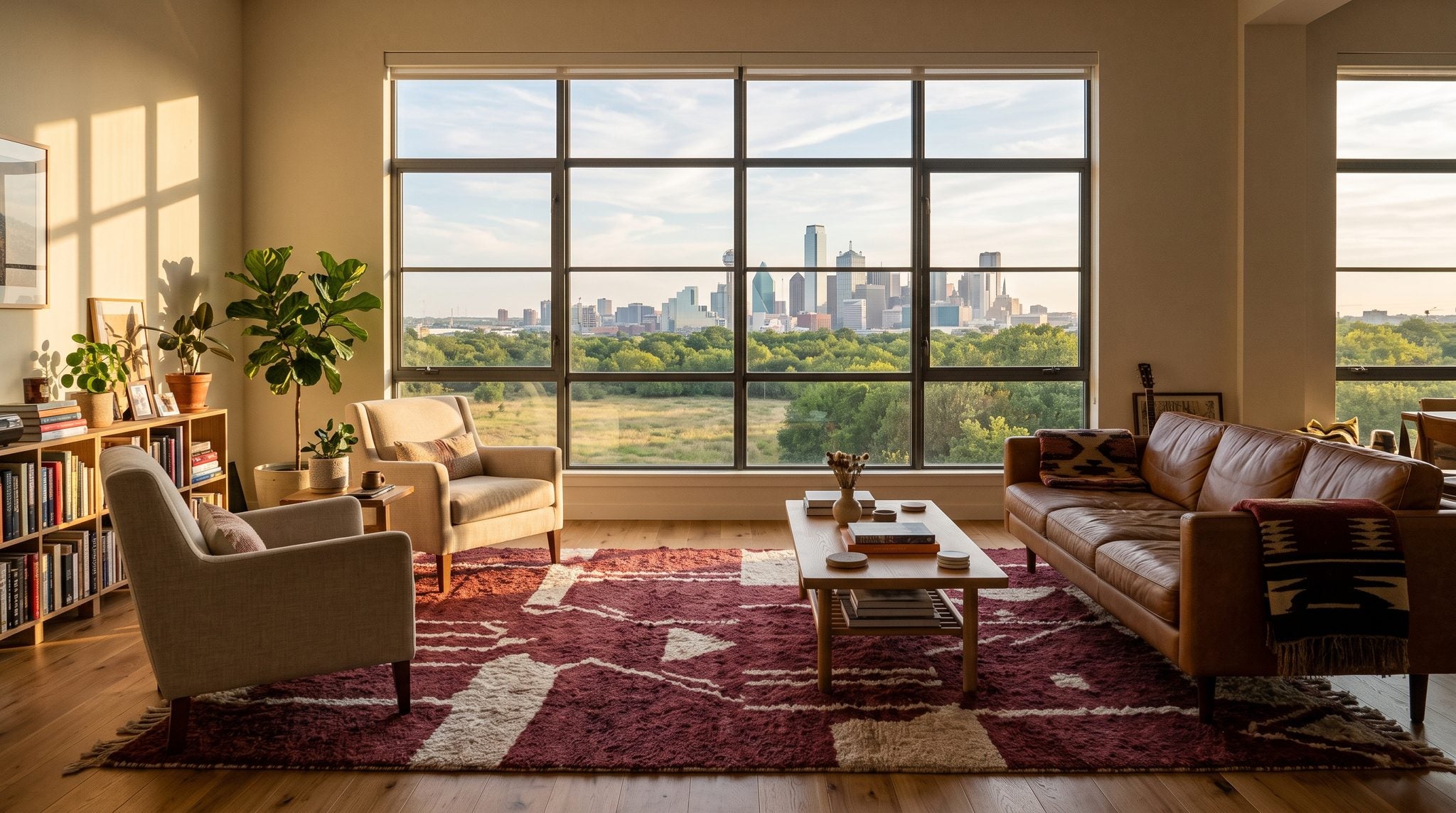 Sunlit living room window overlooking the Dallas skyline and wide Texas sky at golden hour
