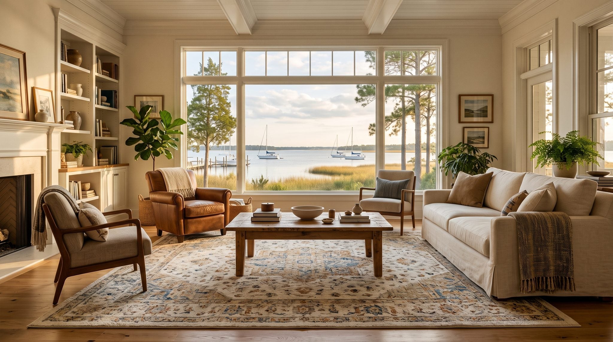 Sunlit window view of the Pasquotank River waterfront with sailboats, marsh grasses and a wide open sky
