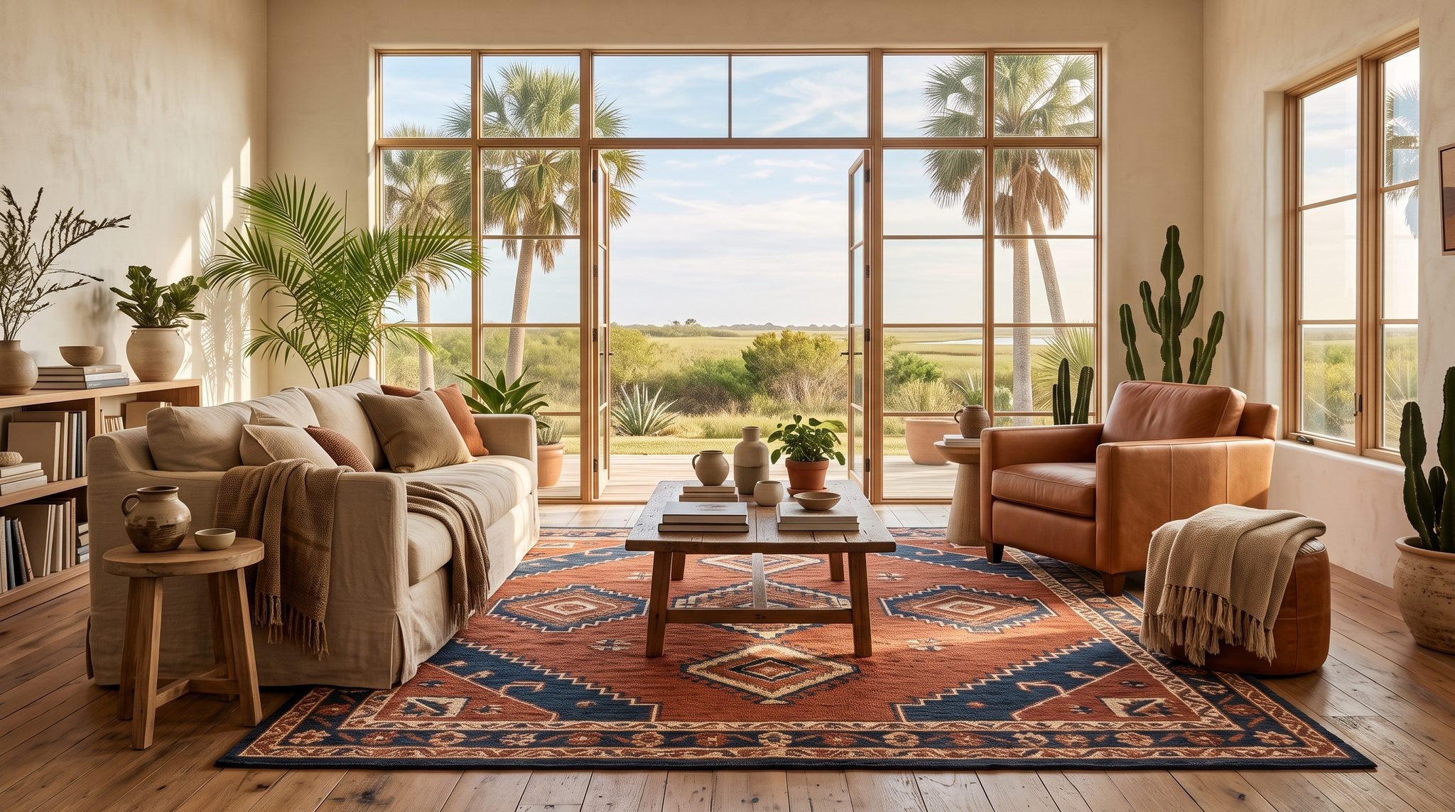 Sunlit window view of palm trees and warm golden light over the Rio Grande Valley near Brownsville, Texas
