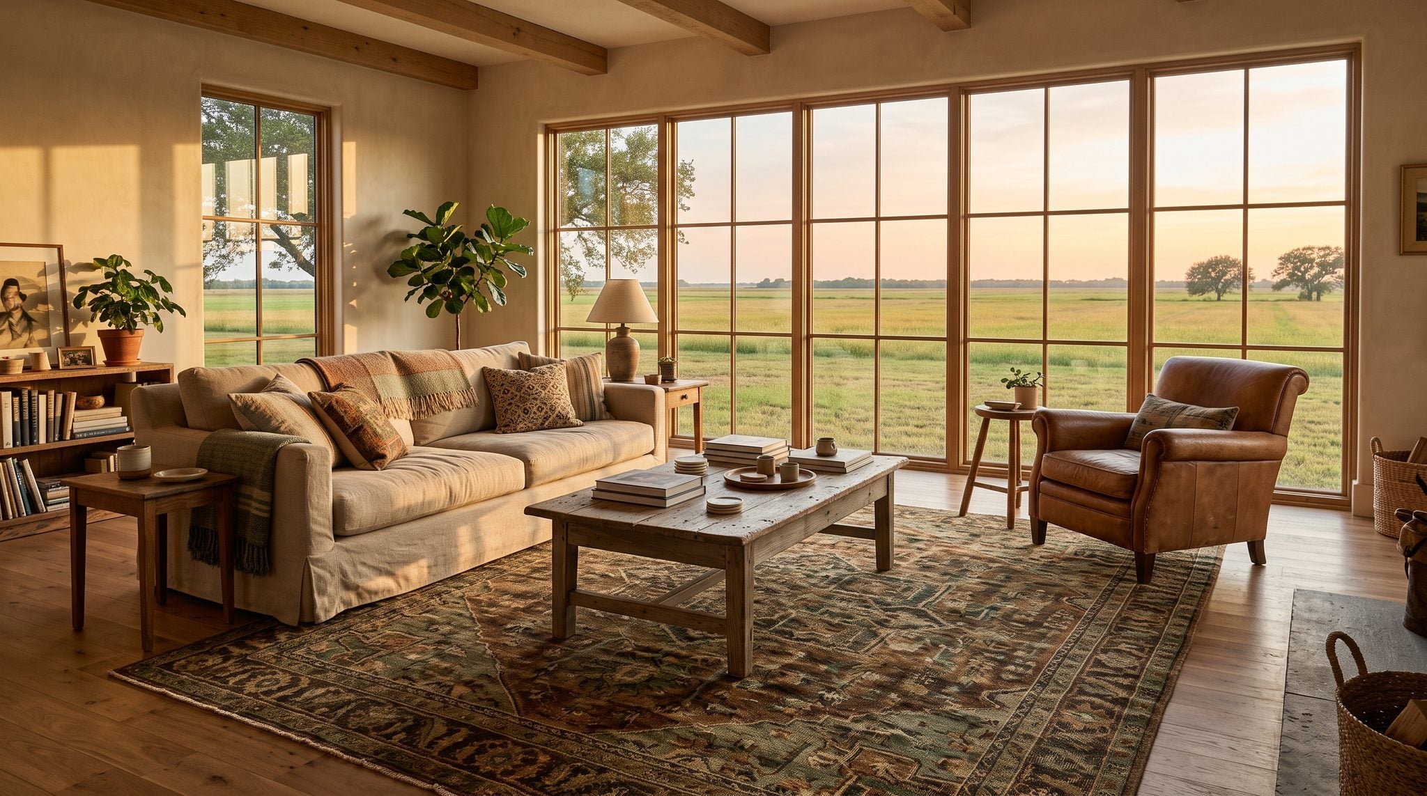 Sunlit living room window overlooking green coastal prairie fields and a golden Texas sky near El Campo