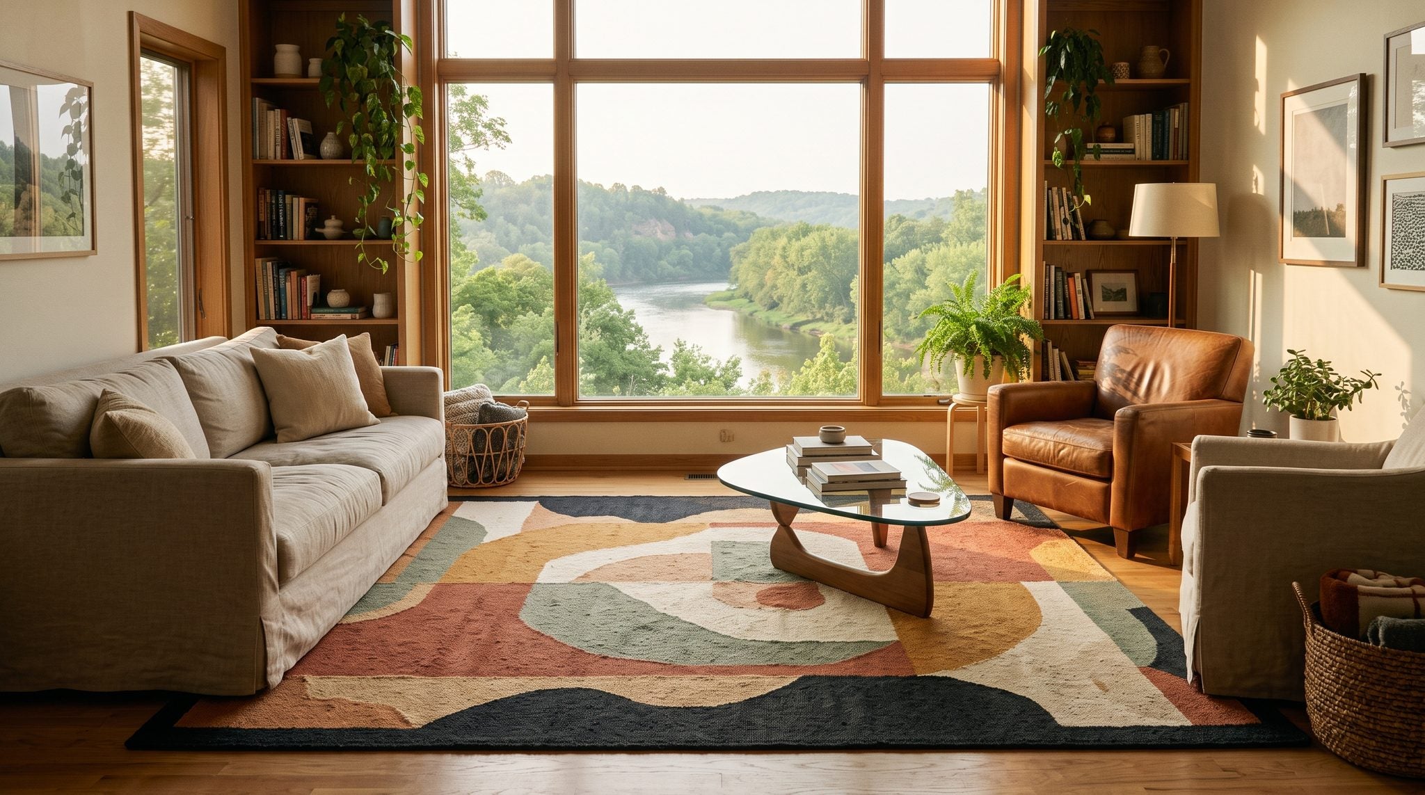 Sunlit living room window overlooking a green river valley and wooded bluffs near Eau Claire, Wisconsin
