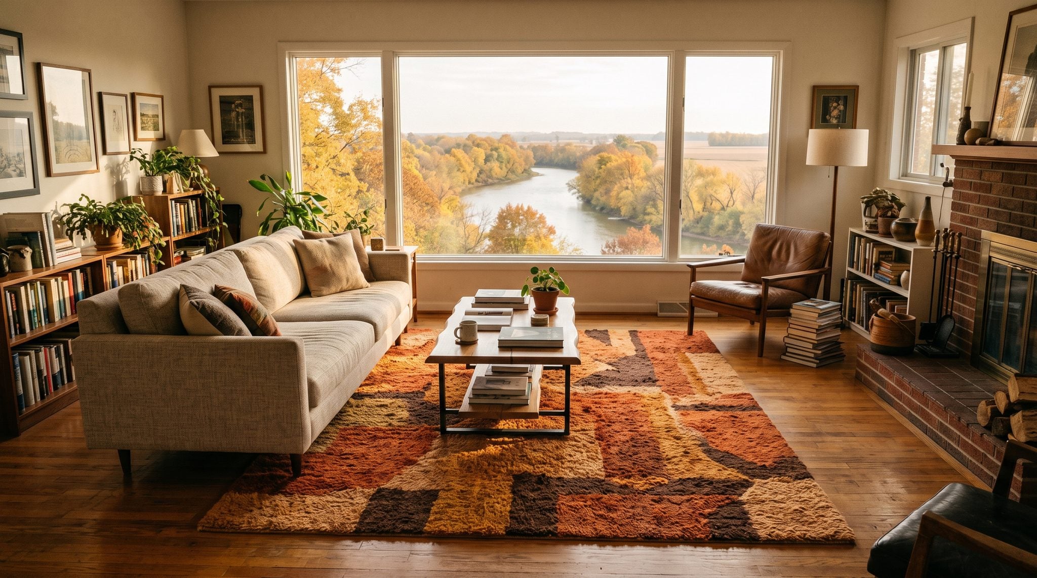 Sunlit living room window overlooking the Wabash River and autumn trees near Huntington, Indiana