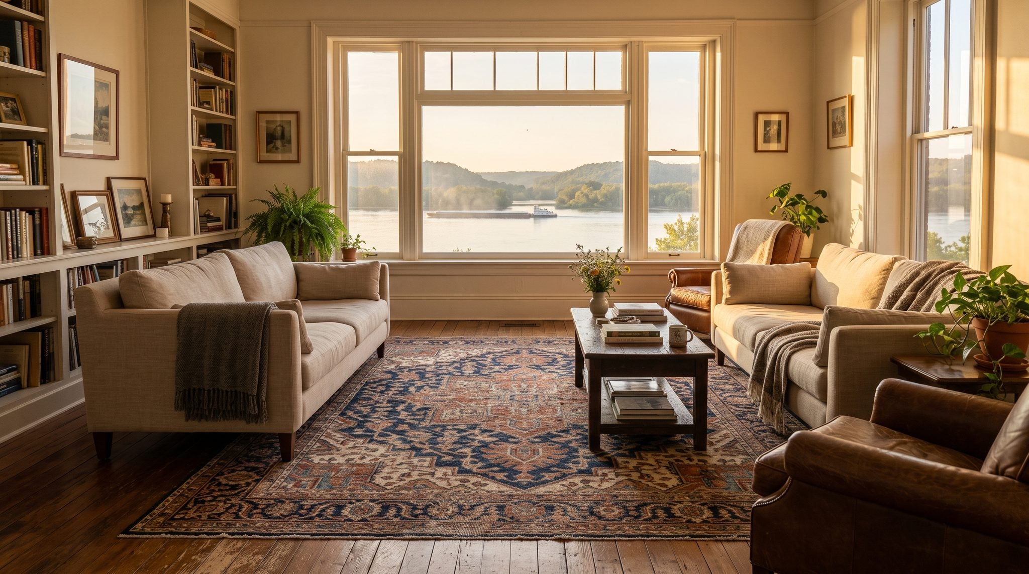 Sunlit window view of the Mississippi River and distant bluffs at golden hour