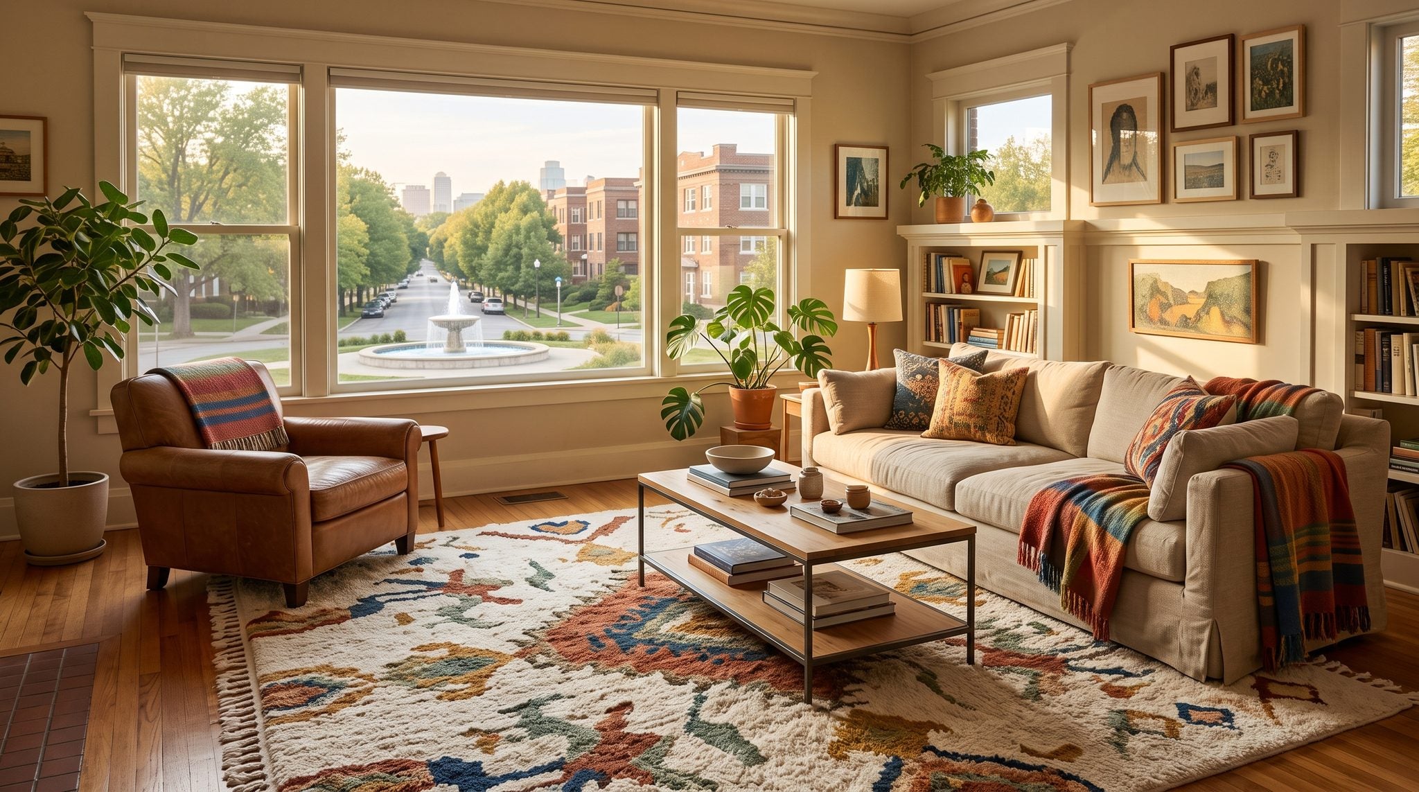 Sunlit living room window overlooking a Kansas City boulevard with a fountain, mature trees and a distant skyline