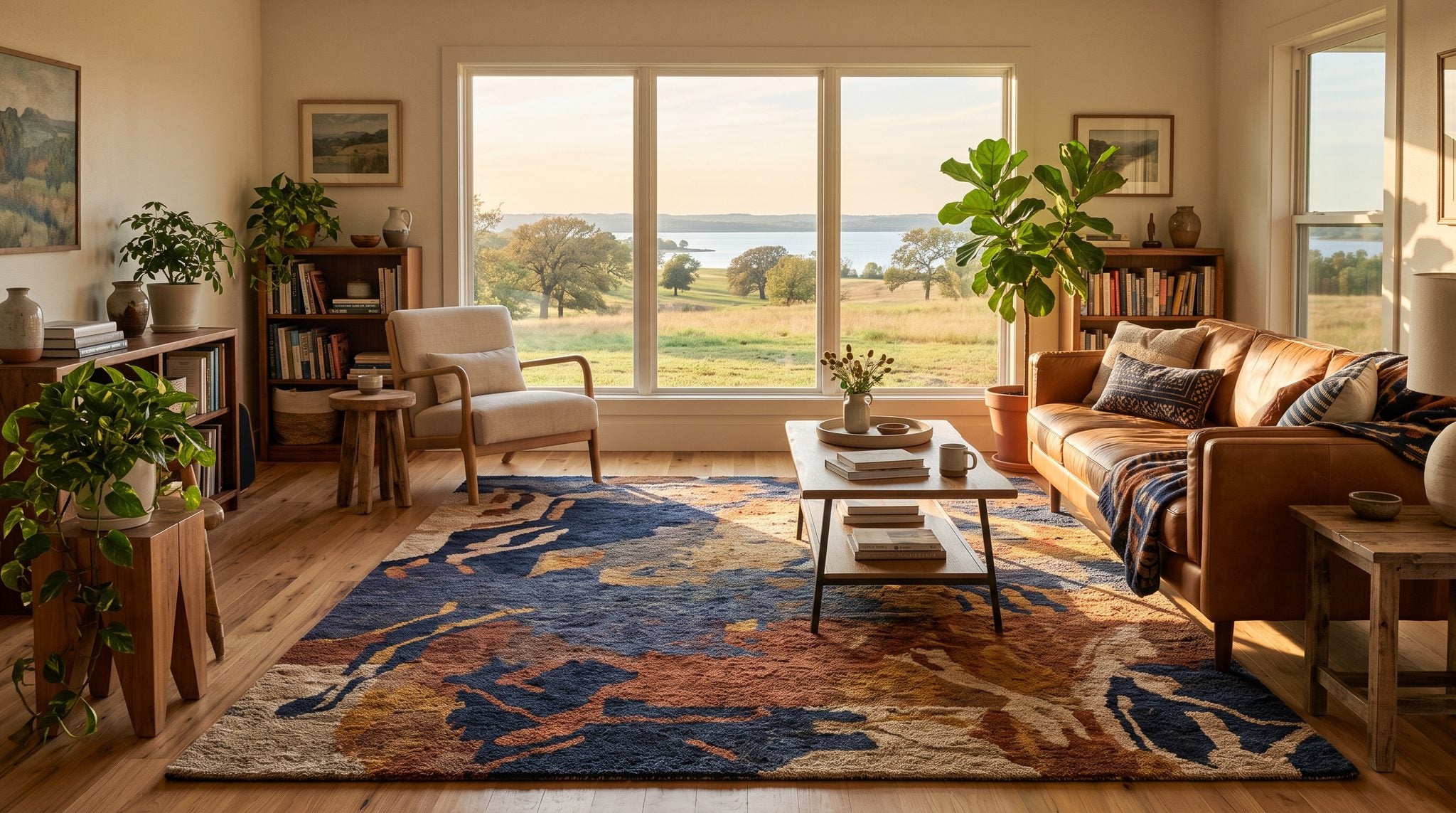 Sunlit window view of rolling North Texas prairie and the blue water of Lake Texoma under a golden sky
