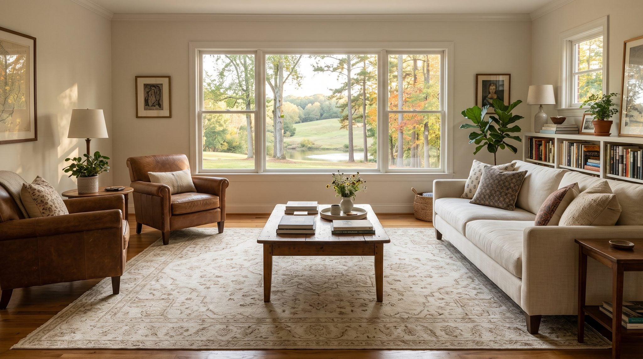 Sunlit living room window overlooking rolling Piedmont hills, tall oaks and pines, and a calm river in golden light