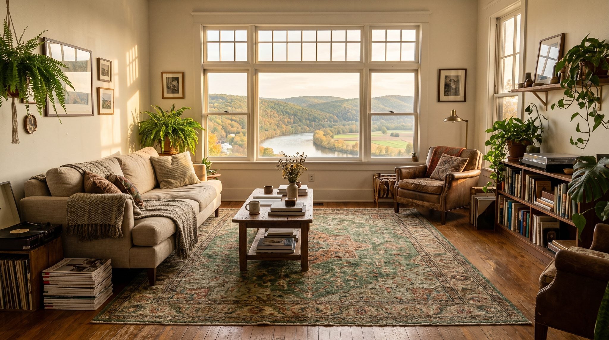Sunlit window view of a river valley with forested ridgelines and farm fields in central Pennsylvania