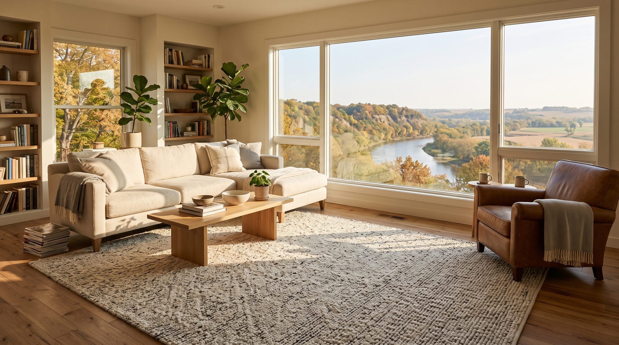 Sunlit room with a window overlooking the wooded bluffs and river valley of Mankato, Minnesota in autumn light