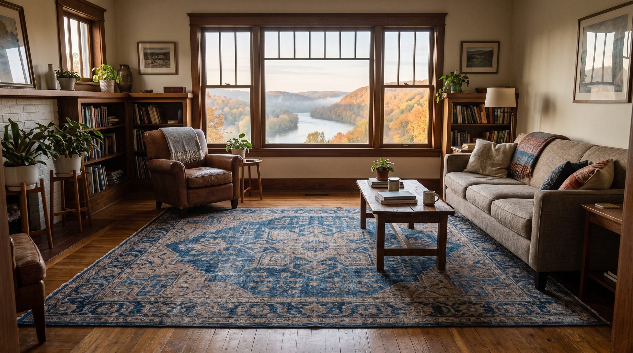 Sunlit room with a window overlooking a misty river valley and autumn-colored wooded hills in western Pennsylvania