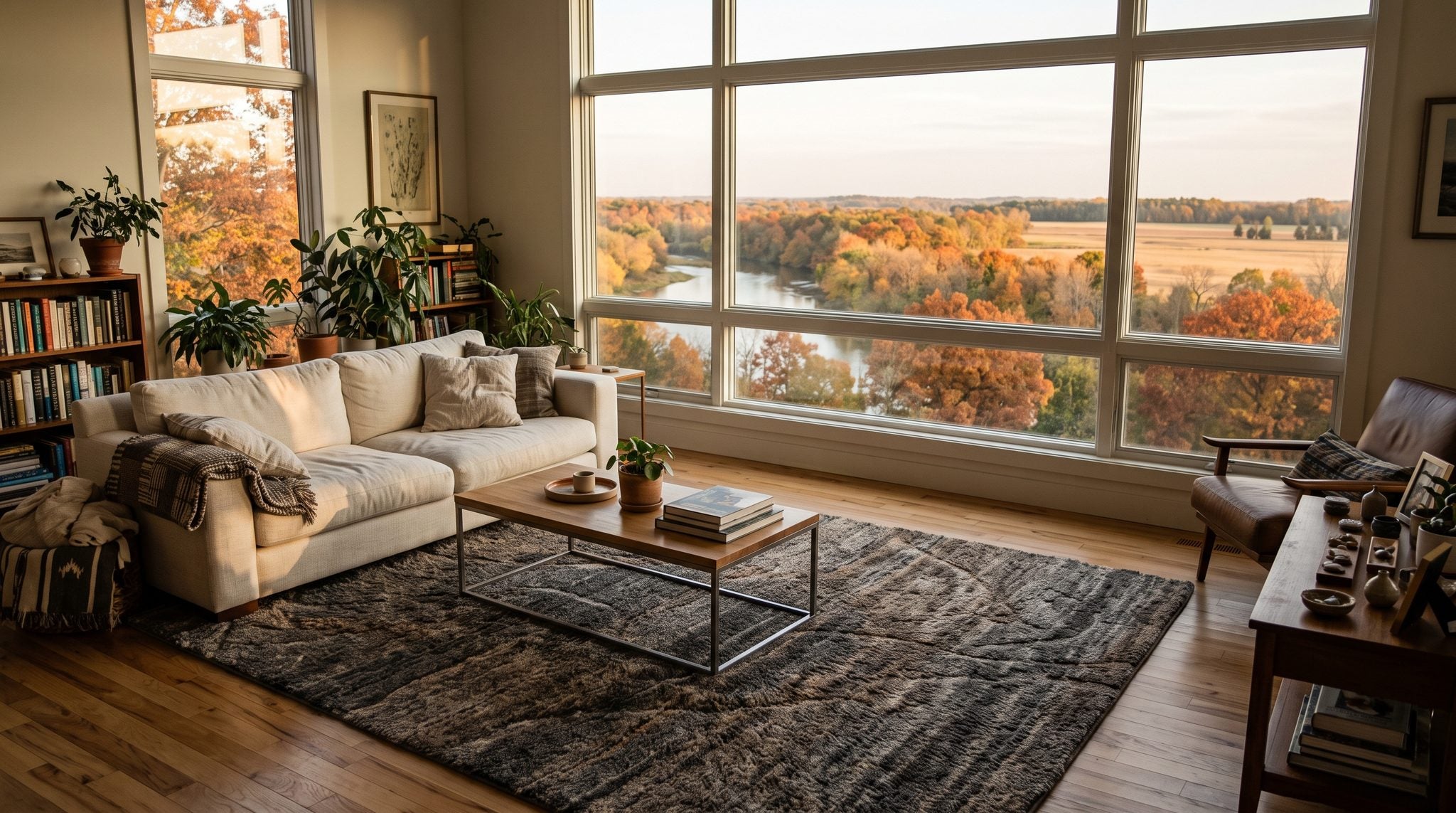 Sunlit room with a window looking out over a river, autumn hardwood trees and farm fields in central Michigan