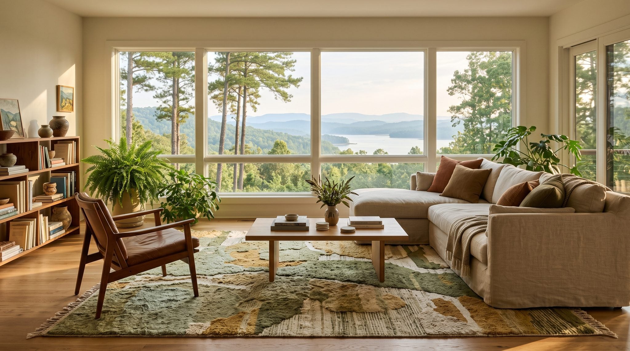 Sunlit window view of pine-covered Ouachita hills and a calm lake near Hot Springs, Arkansas